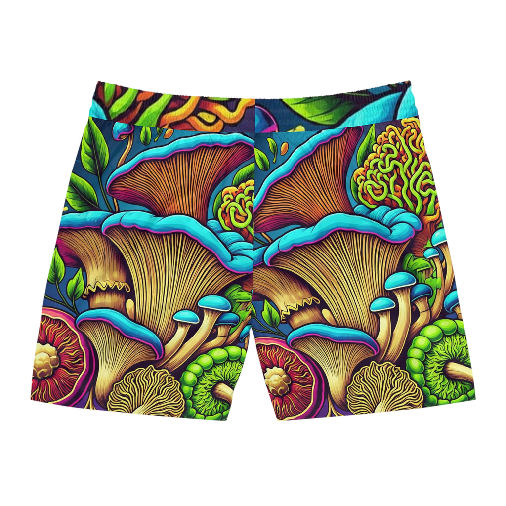 Psychedelic Mushroom Print Men's Swim Shorts — Colorful Fungi AOP Beach Trunks