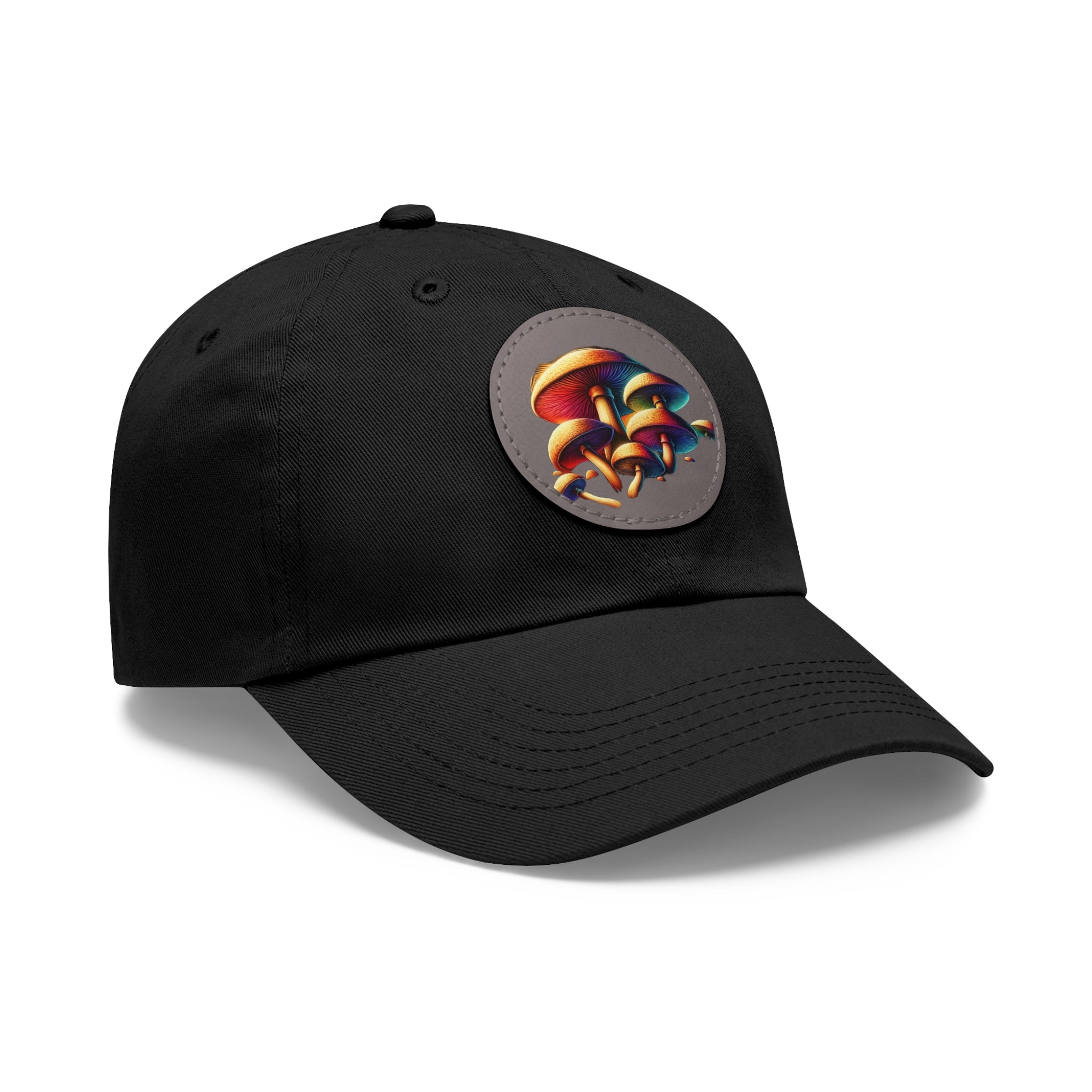 Mushroom Patch Dad Hat — Colorful Psychedelic Fungi Leather Patch Cap