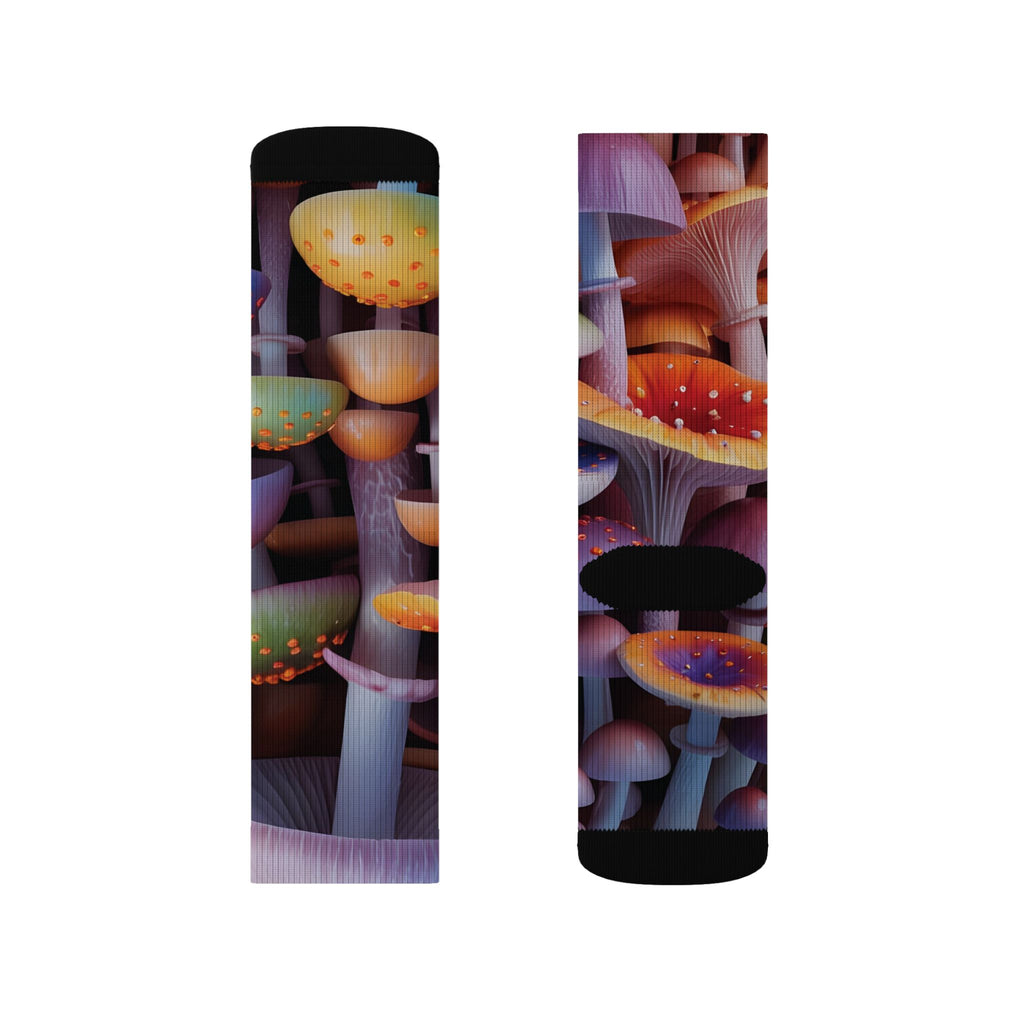 Socks: Mushroom Forest Sublimation Socks — Colorful Psychedelic Fungi Crew Socks