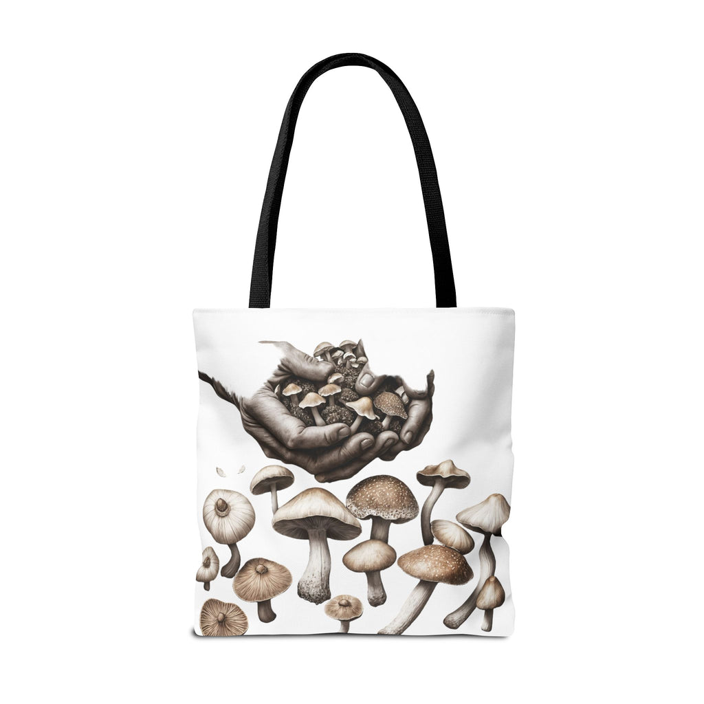 Mushroom Garden Tote Bag — Hand-Held Fungi Illustration All-Over Print