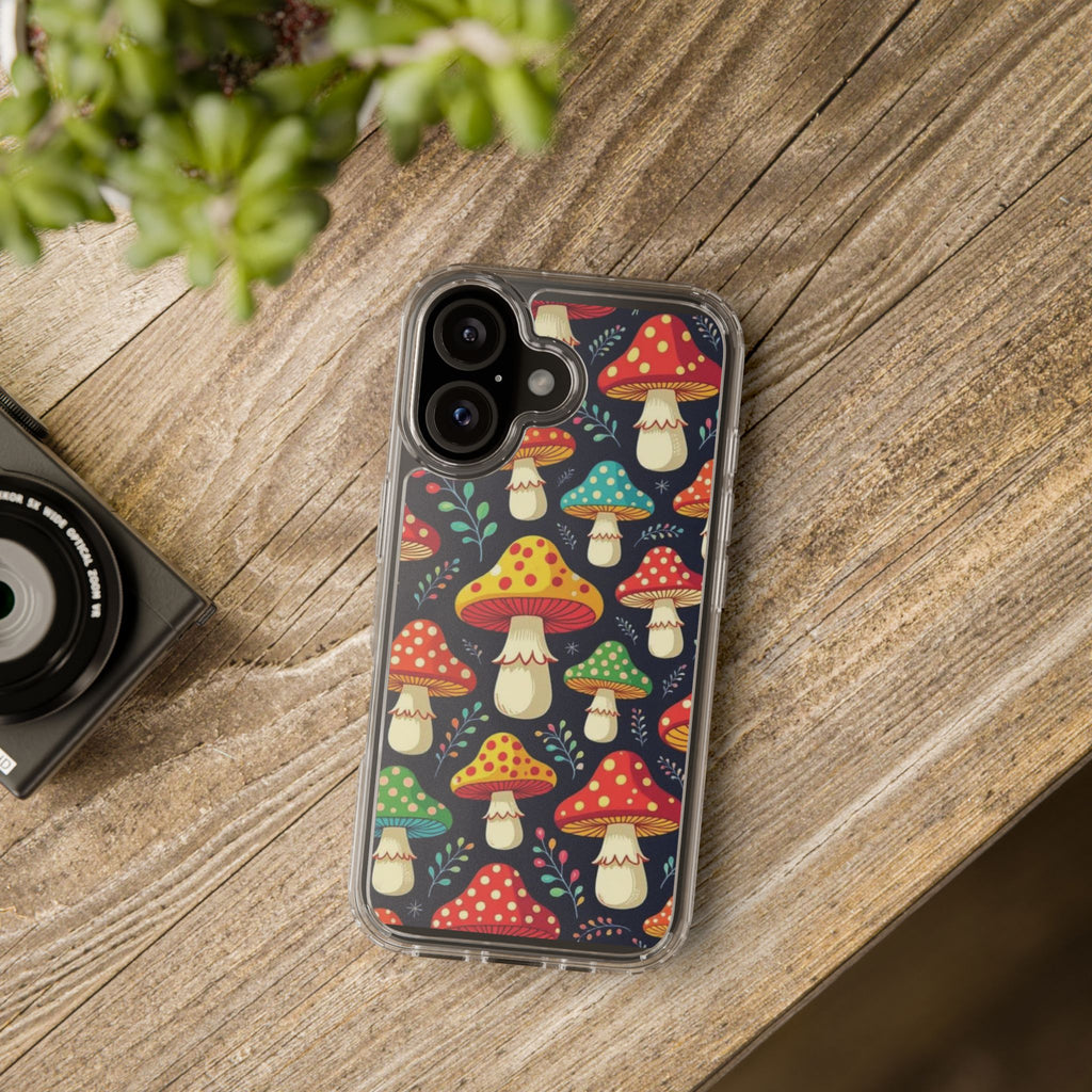 Phone Case: Mushroom Pattern Clear Phone Case — Colorful Toadstool Floral Design