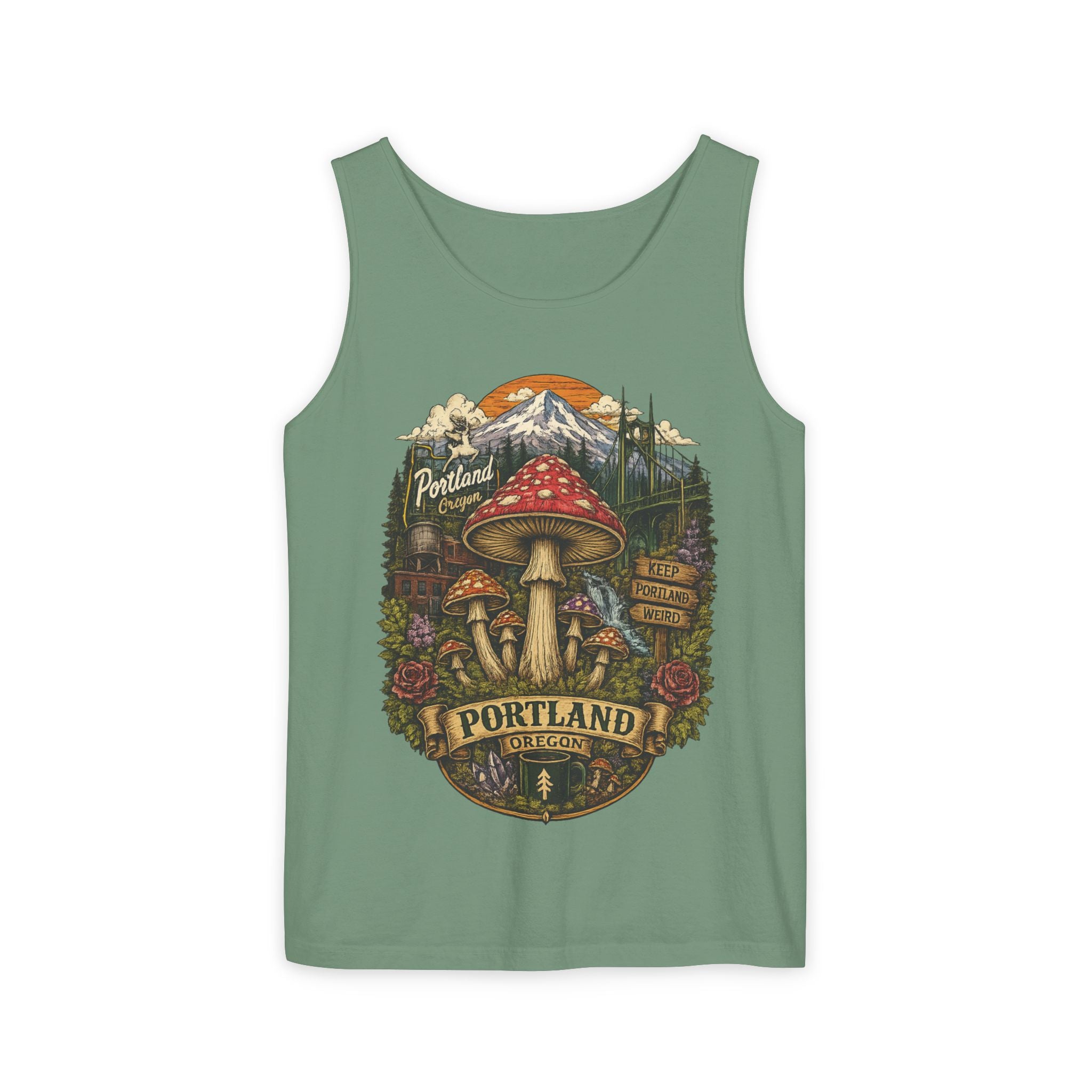 City: Portland Mushroom Tank Top — Vintage Forest Travel Graphic