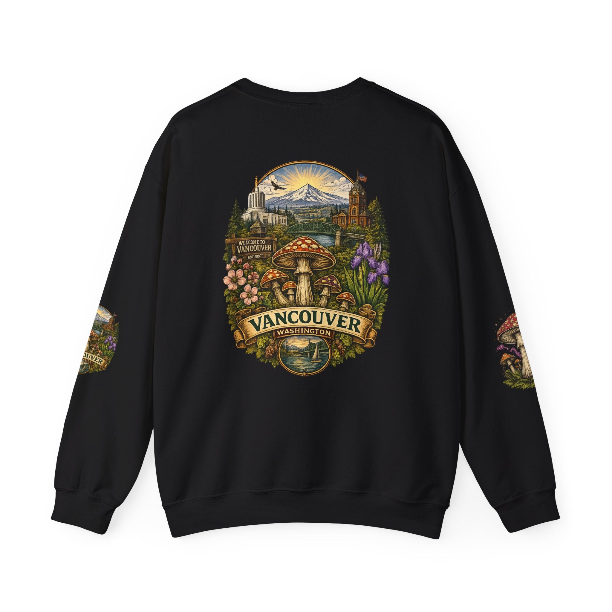 City:  Vancouver Crewneck Sweatshirt — Scenic Pacific Northwest Fungi Design