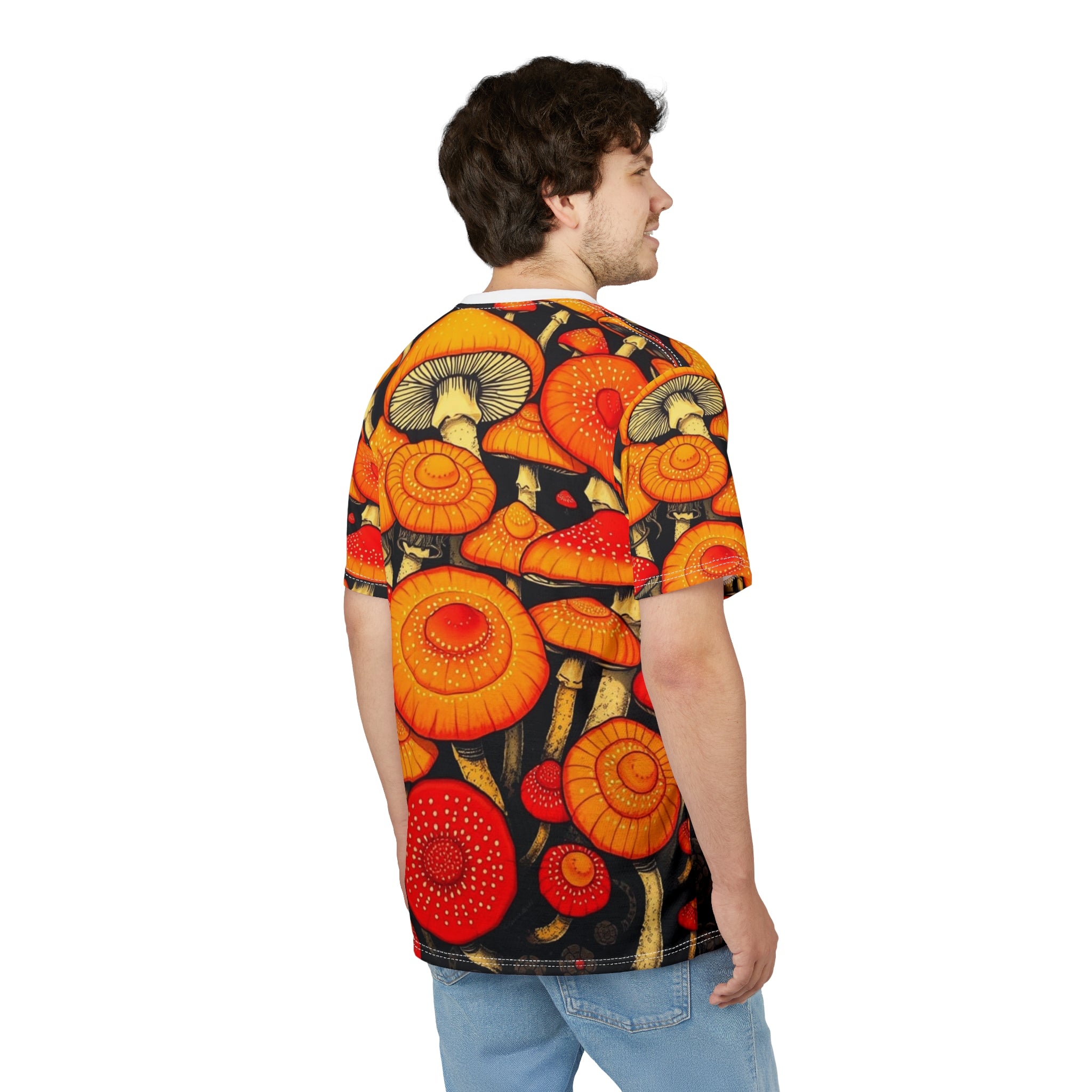 Camiseta con estampado completo de hongos psicodélicos anaranjados