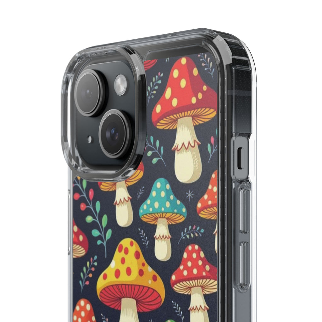 Phone Case: Mushroom Pattern Clear Phone Case — Colorful Toadstool Floral Design