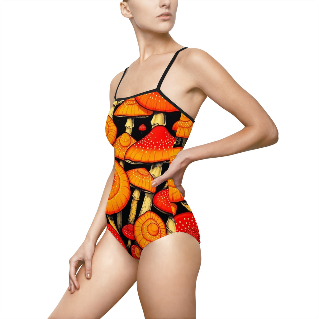 Bañador de una Pieza con Estampado de Hongos Naranjas – Traje de Baño de Hongos Psicodélicos