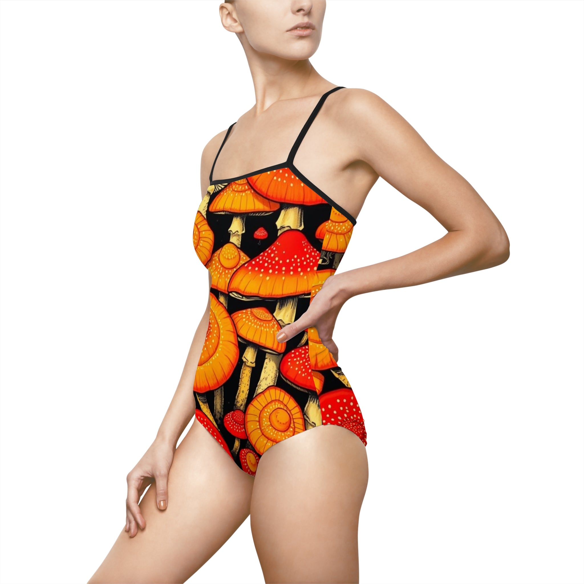 Bañador de una Pieza con Estampado de Hongos Naranjas – Traje de Baño de Hongos Psicodélicos
