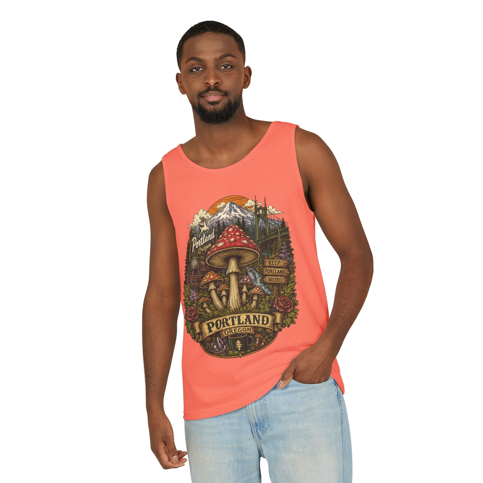 City: Portland Mushroom Tank Top — Vintage Forest Travel Graphic