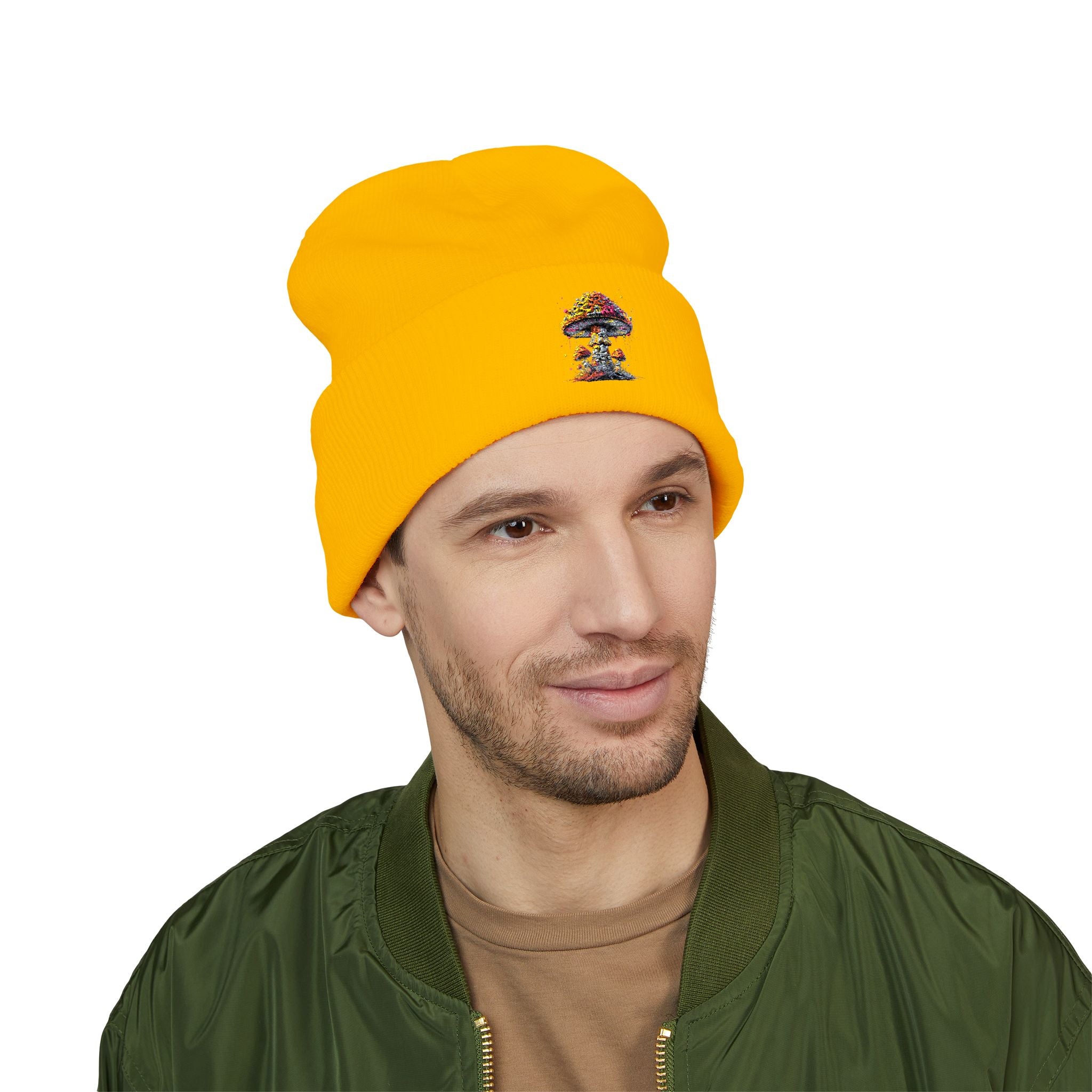 Beanie: Embroidered Colorful Mushroom Beanie — Cute Cuffed Knit Hat