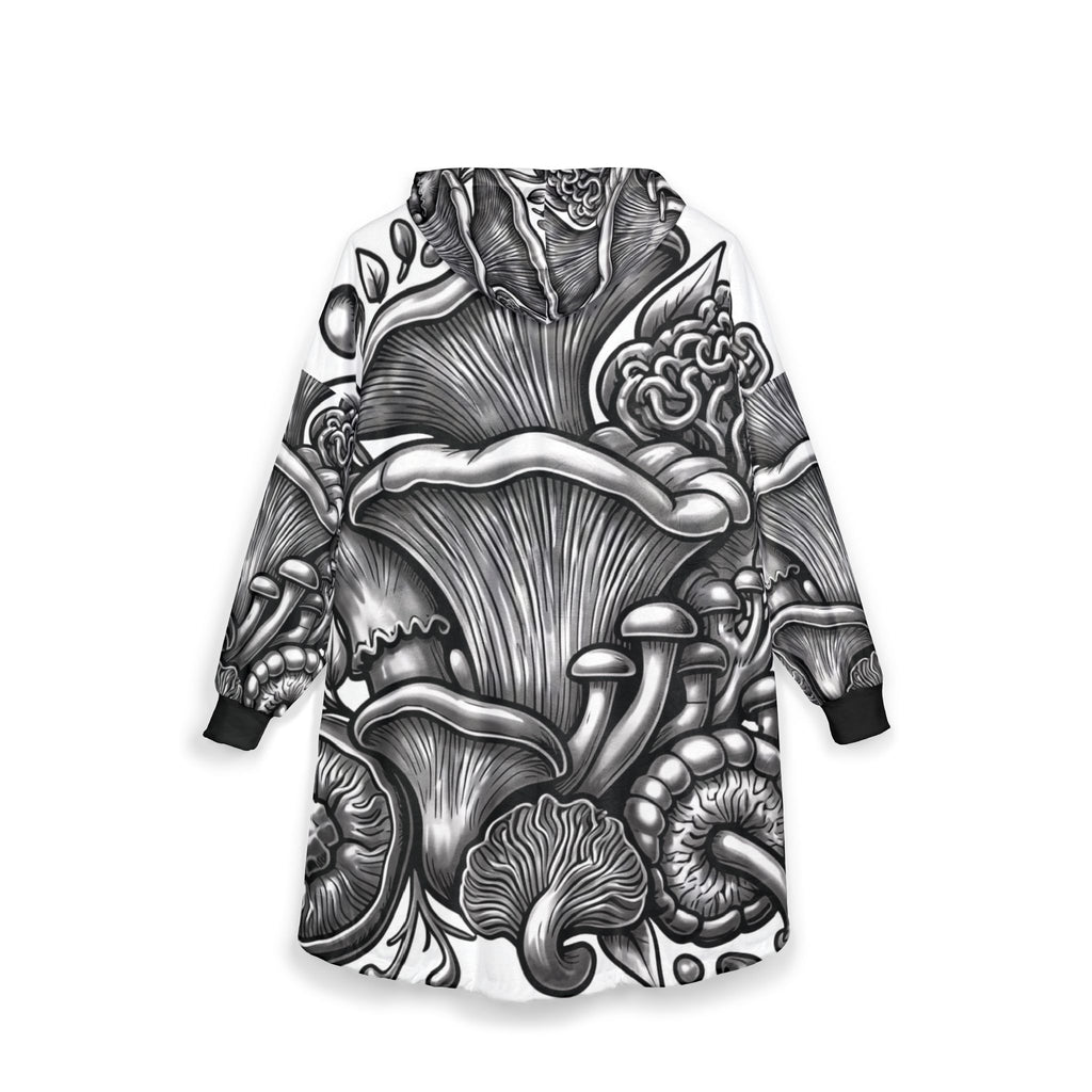 Mushroom Forest Hooded Blanket — Black & White Fungi Illustration Cozy Throw