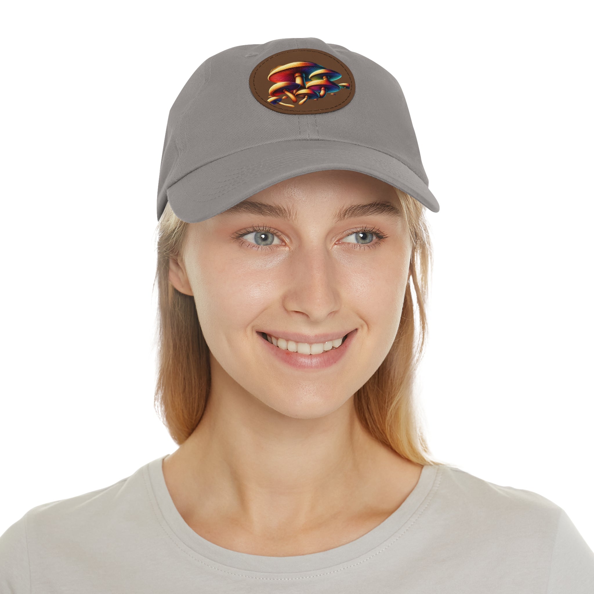 Mushroom Patch Dad Hat — Colorful Psychedelic Fungi Leather Patch Cap