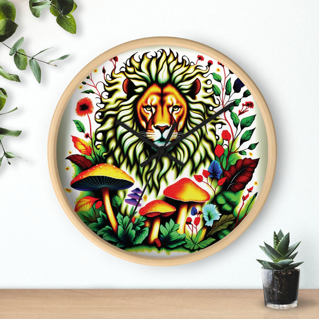 Lion & Mushrooms Wall Clock — Colorful Botanical Animal Art Timepiece
