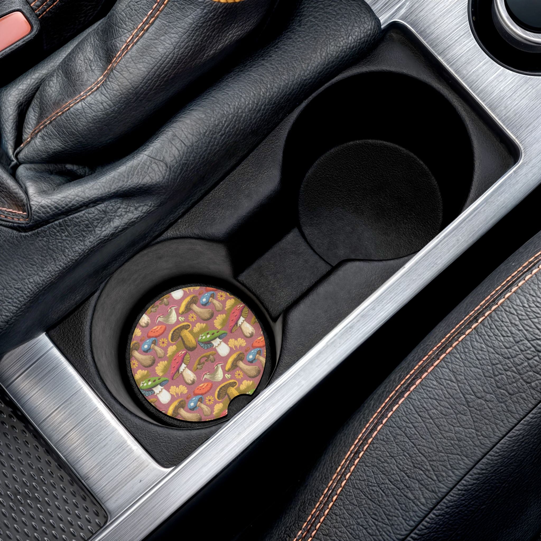 Mushroom Pattern Soapstone Car Coaster — Colorful Woodland Mushroom Cup Holder Insert