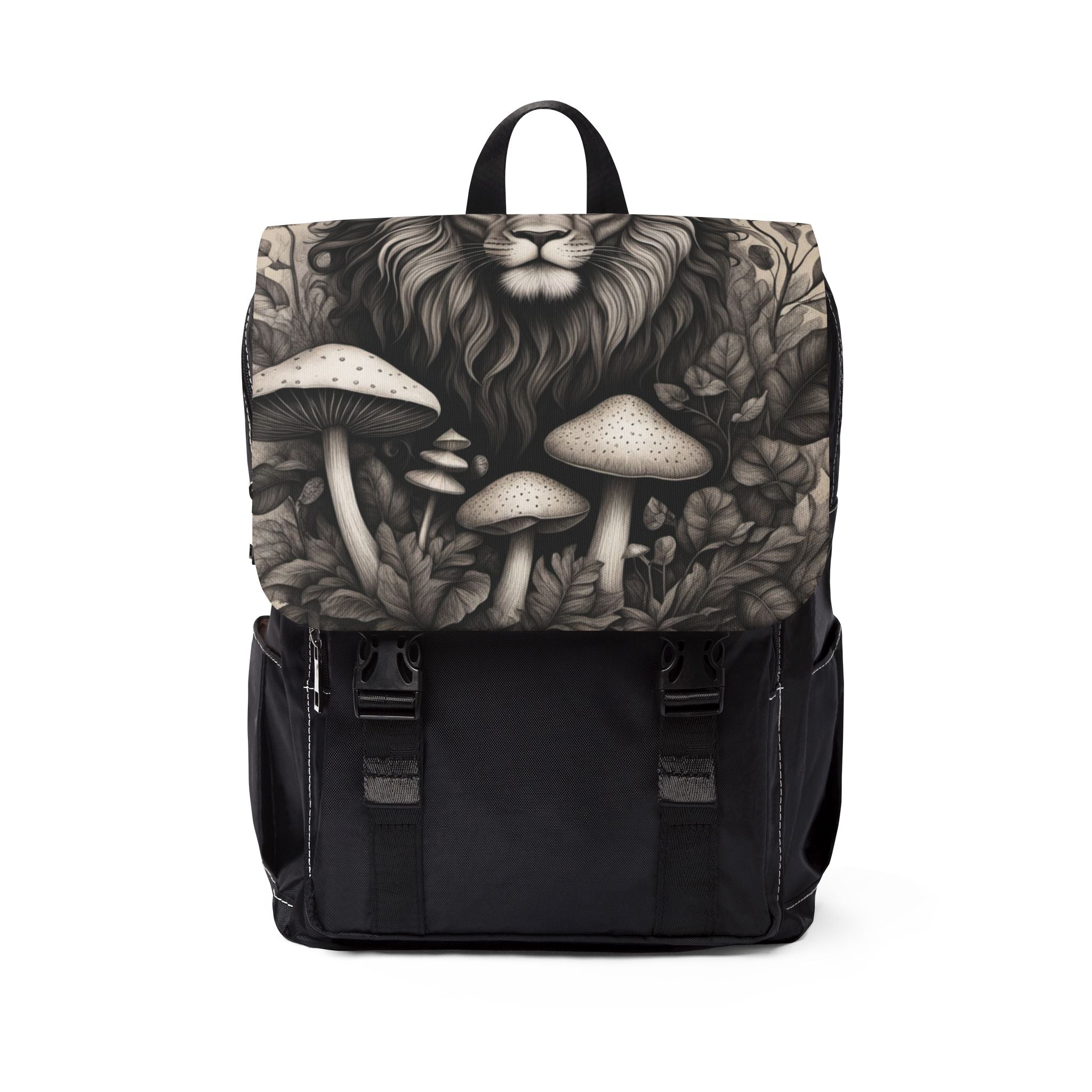 Lion & Mushrooms Canvas Backpack — Forest Gothic Casual Shoulder Bag