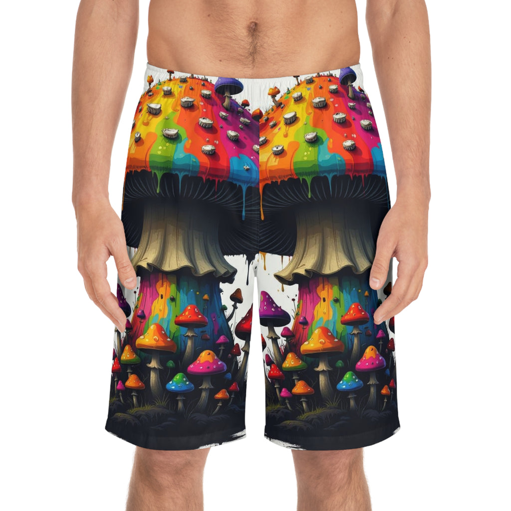 Psychedelic Rainbow Mushroom Board Shorts — Men's All-Over Print