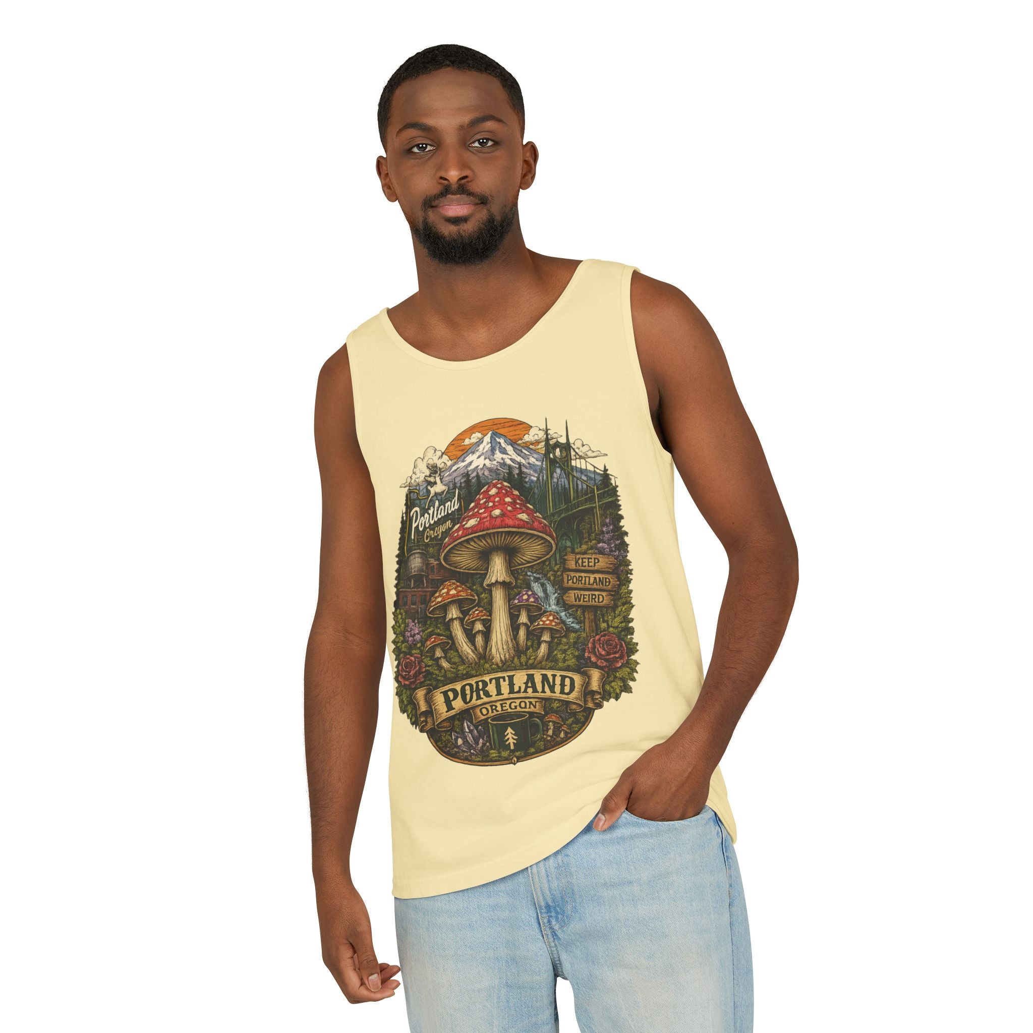 City: Portland Mushroom Tank Top — Vintage Forest Travel Graphic
