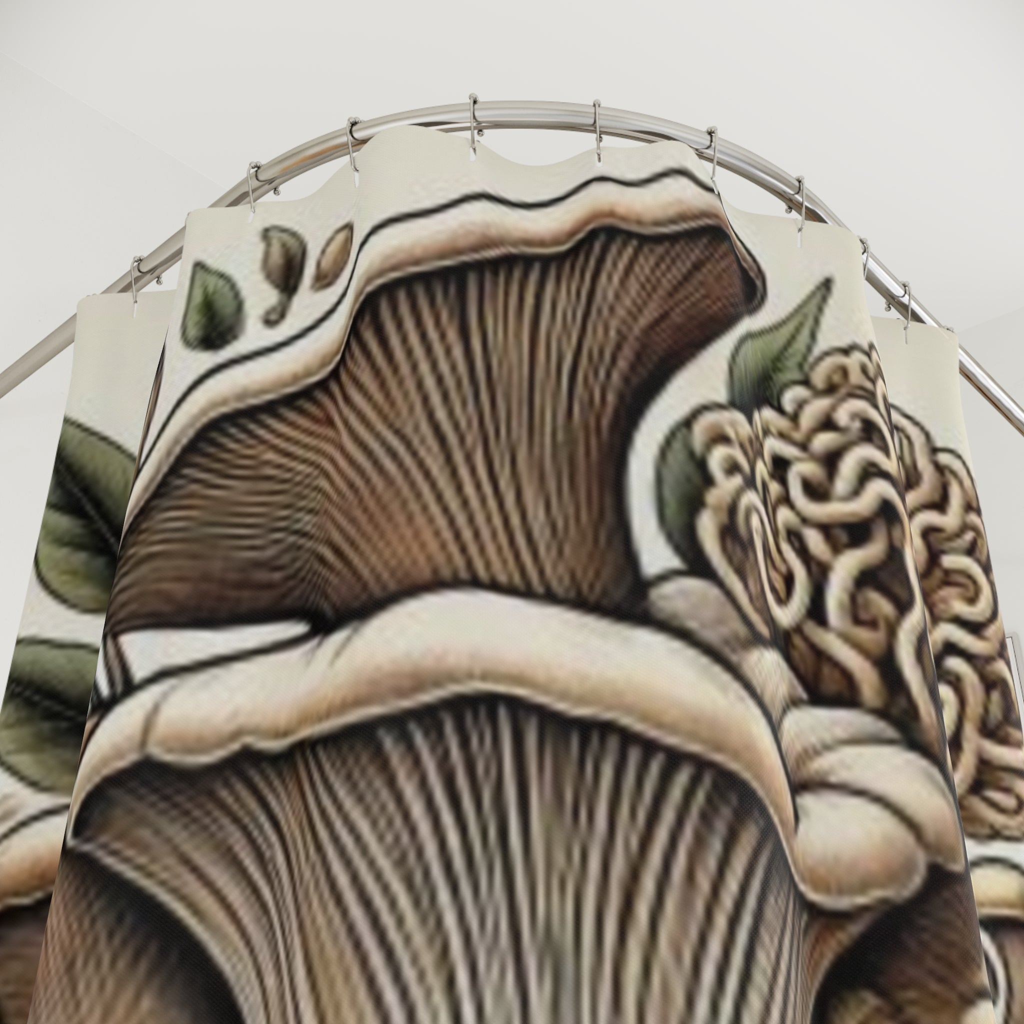 Mushroom Garden Shower Curtain — Botanical Fungi Illustration Bathroom Decor