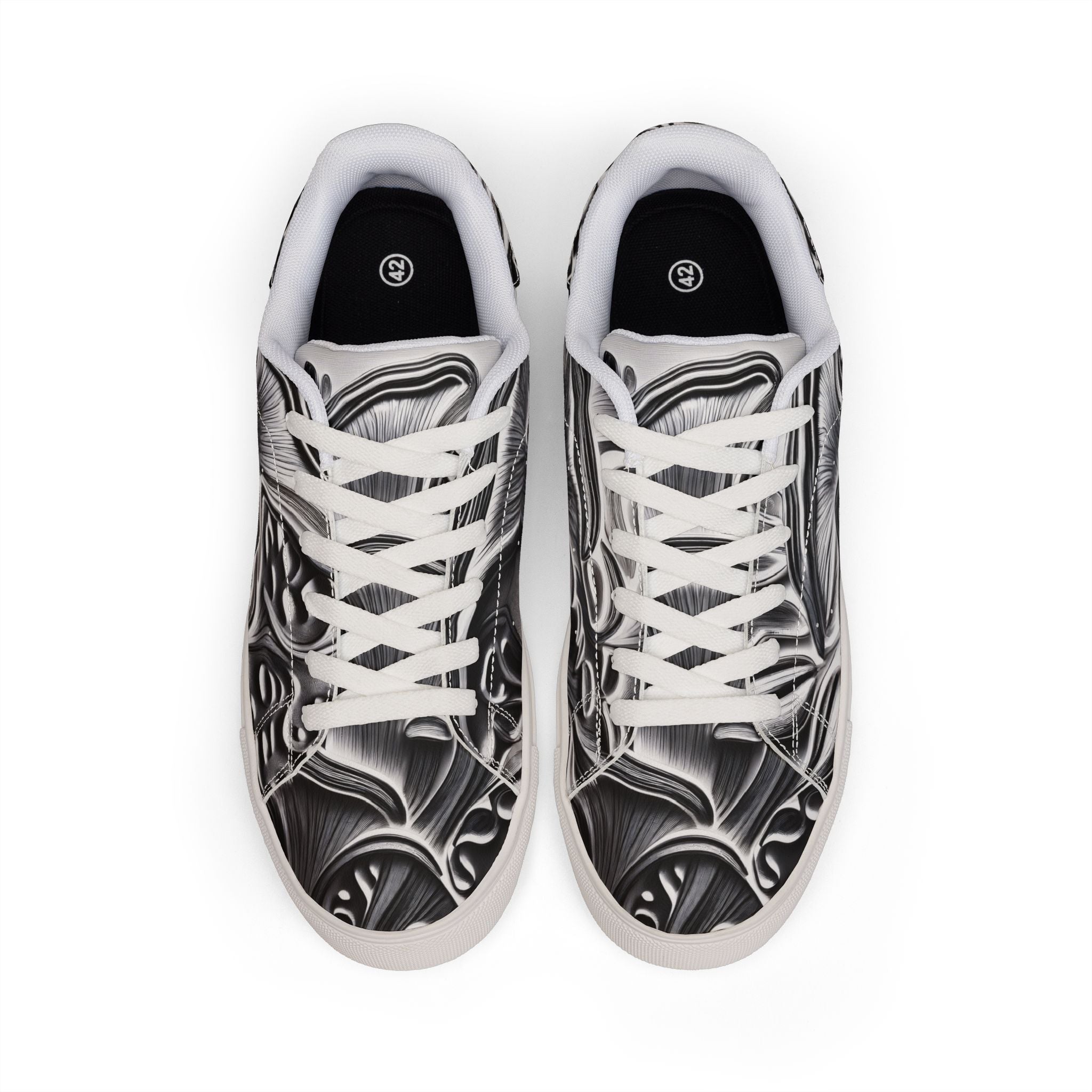 Men's Low-Top Leather Sneakers — Monochrome Abstract Swirl Design