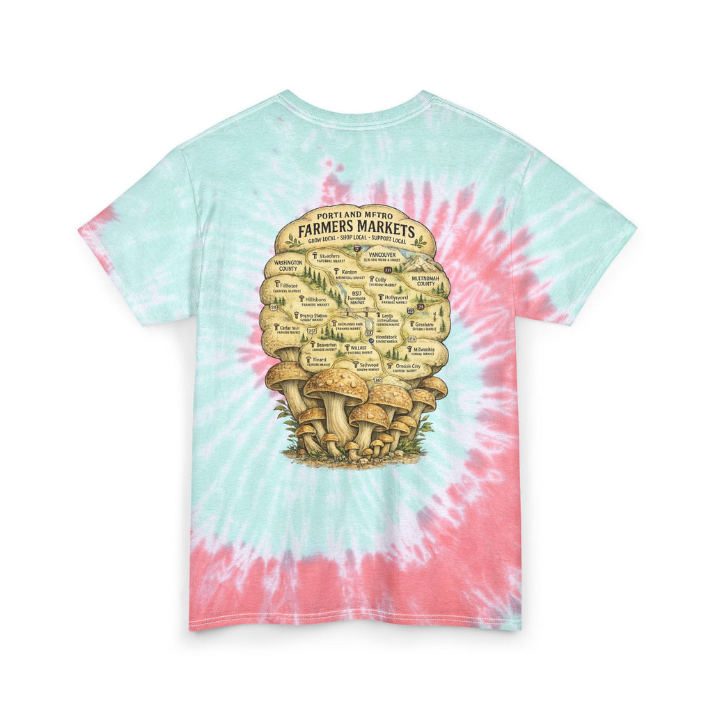 T-Shirt: Tie Dye Tee — Scenic Skull Illustration | Farmers Market Mushroom Map