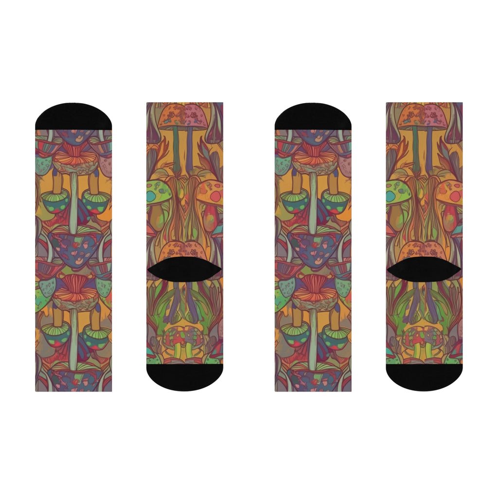 Socks: Mushroom Pattern Cushioned Crew Socks — Colorful Funky Forest Toe & Heel