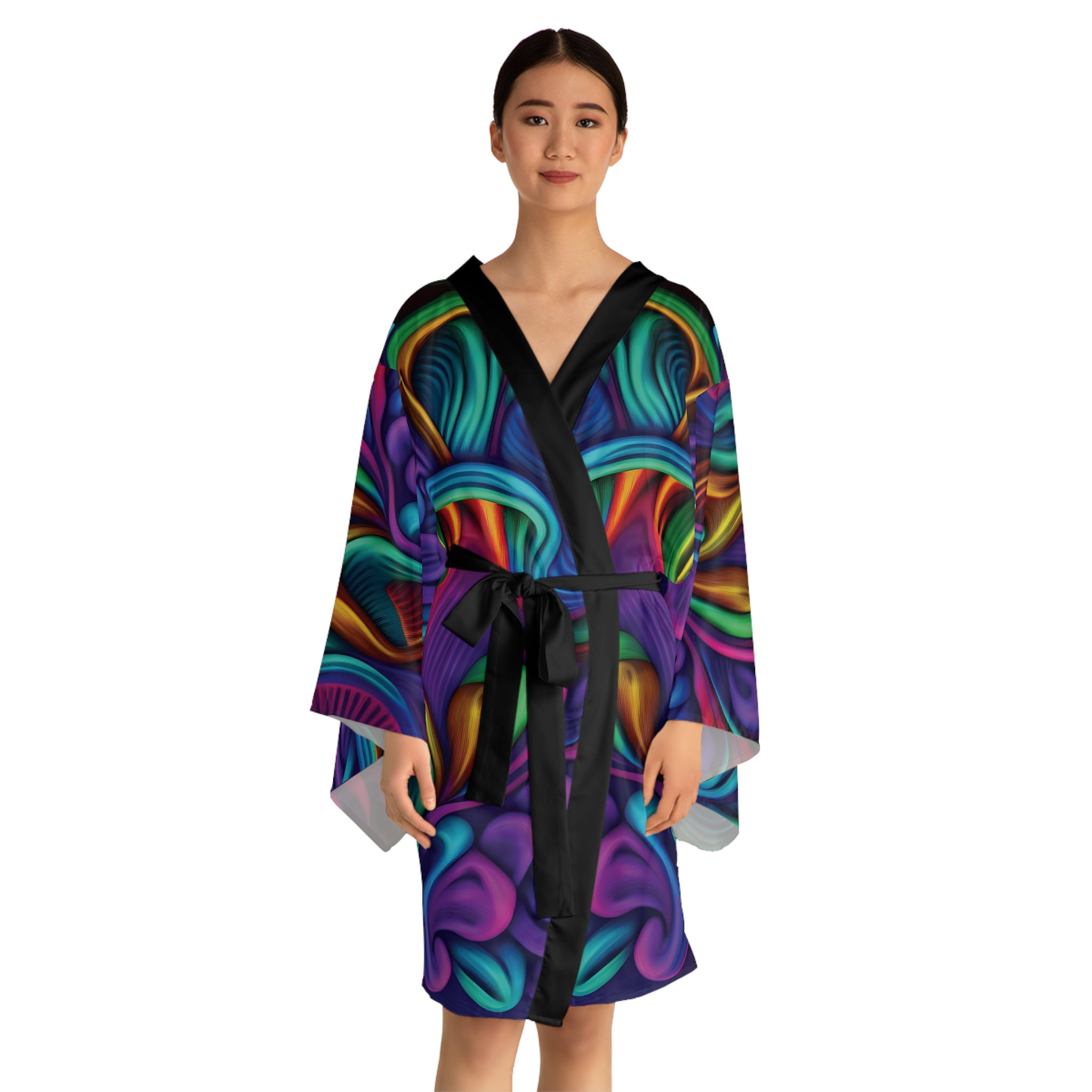 Kimono Robe: Psychedelic Swirl Kimono Robe — Vibrant All-Over Print