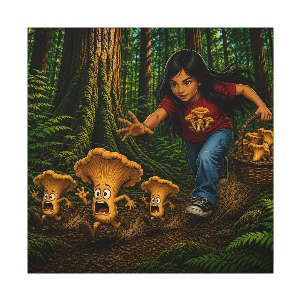 Mushroom Hunt Canvas Print — Kid Chasing Chanterelles Wall Art
