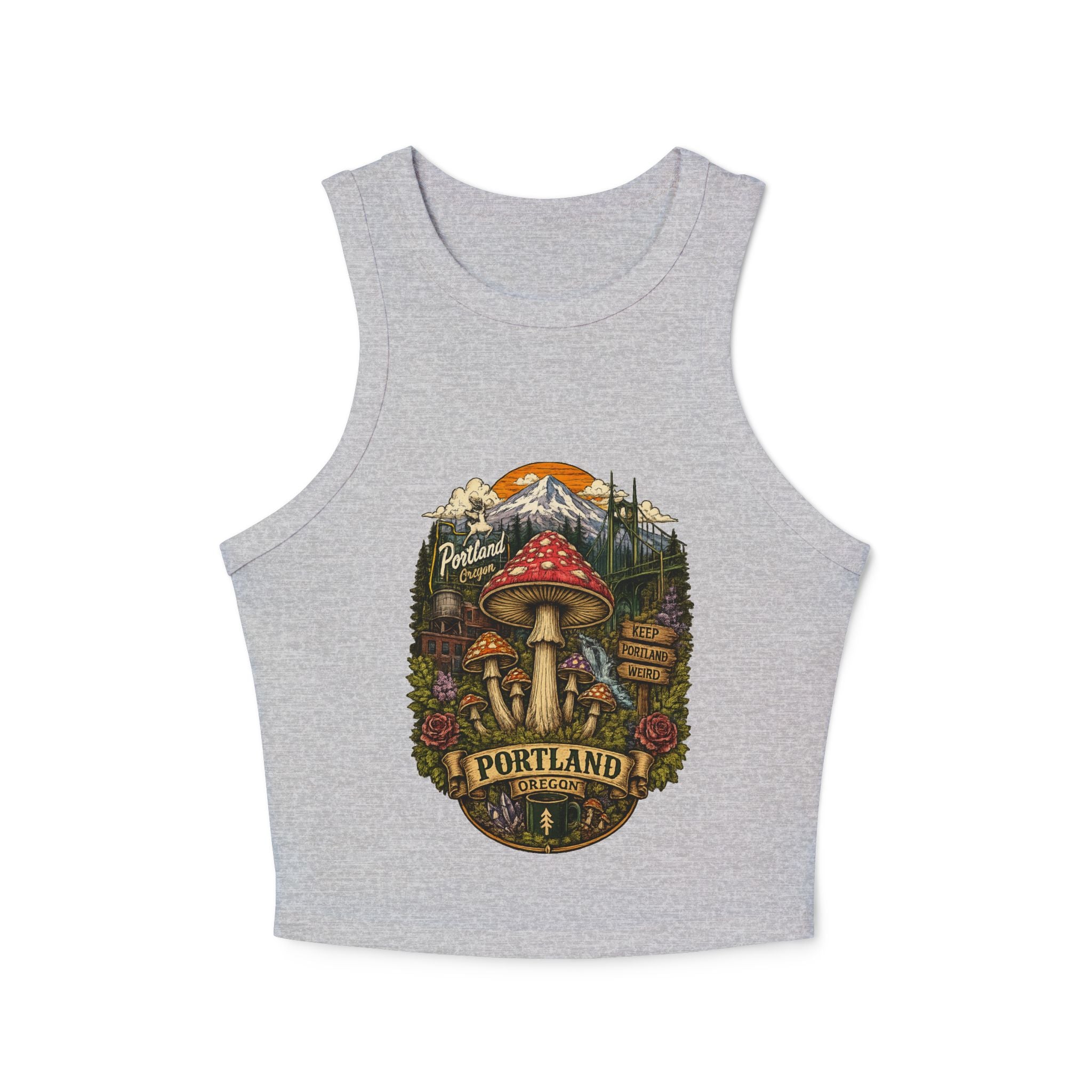 Portland Mushroom Graphic Tank — Women's Crop Racerback Tank Top
