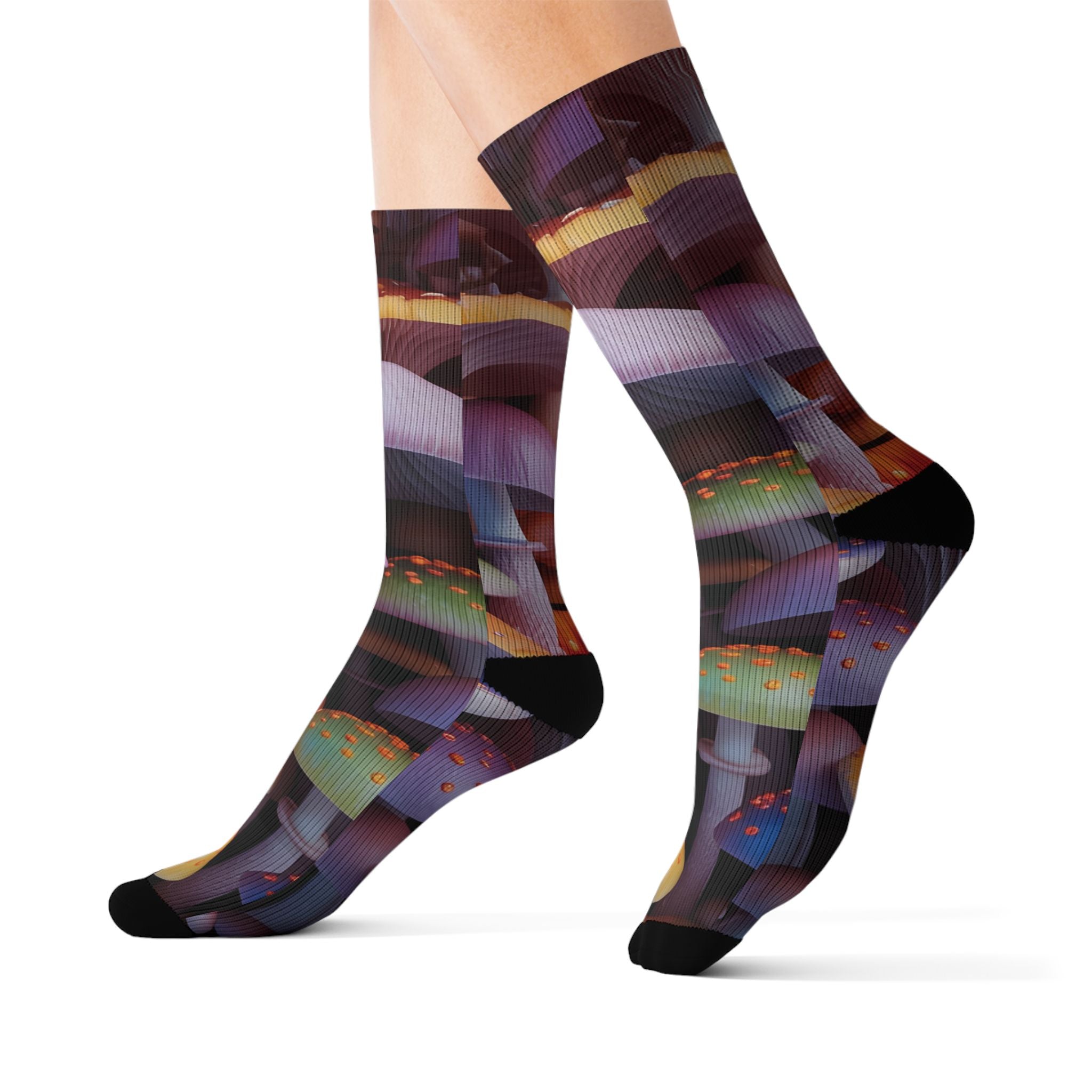 Socks: Mushroom Forest Sublimation Socks — Colorful Psychedelic Fungi Crew Socks