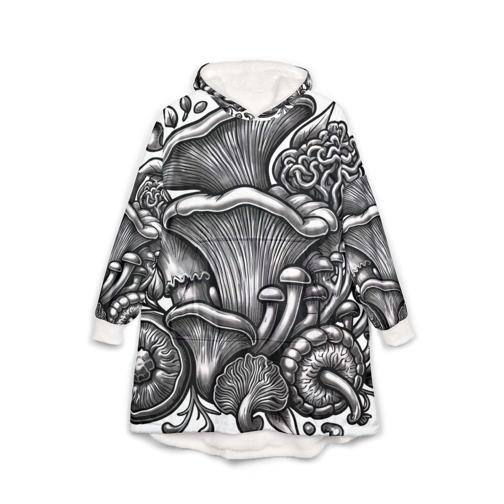 Mushroom Forest Hooded Blanket — Black & White Fungi Illustration Cozy Throw