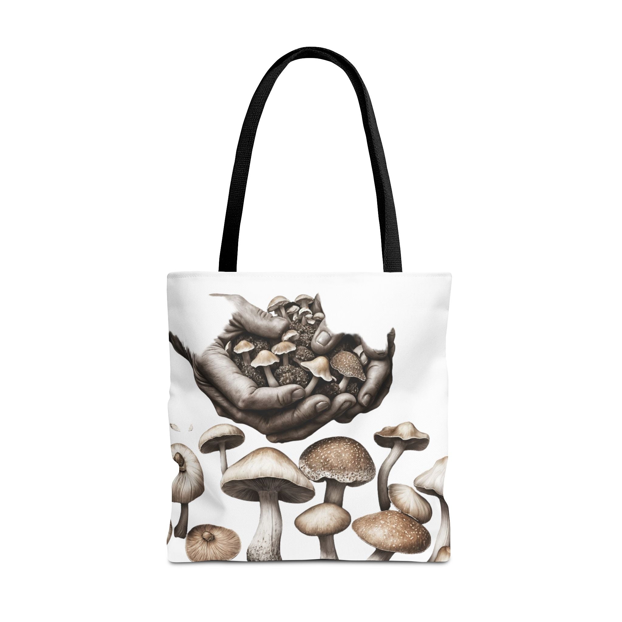 Mushroom Garden Tote Bag — Hand-Held Fungi Illustration All-Over Print