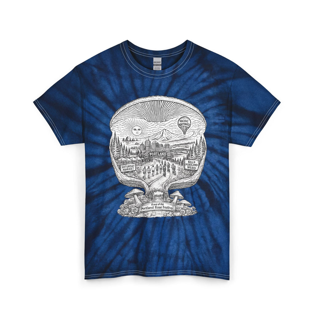 T-Shirt: Tie Dye Tee — Scenic Skull Illustration | Farmers Market Mushroom Map