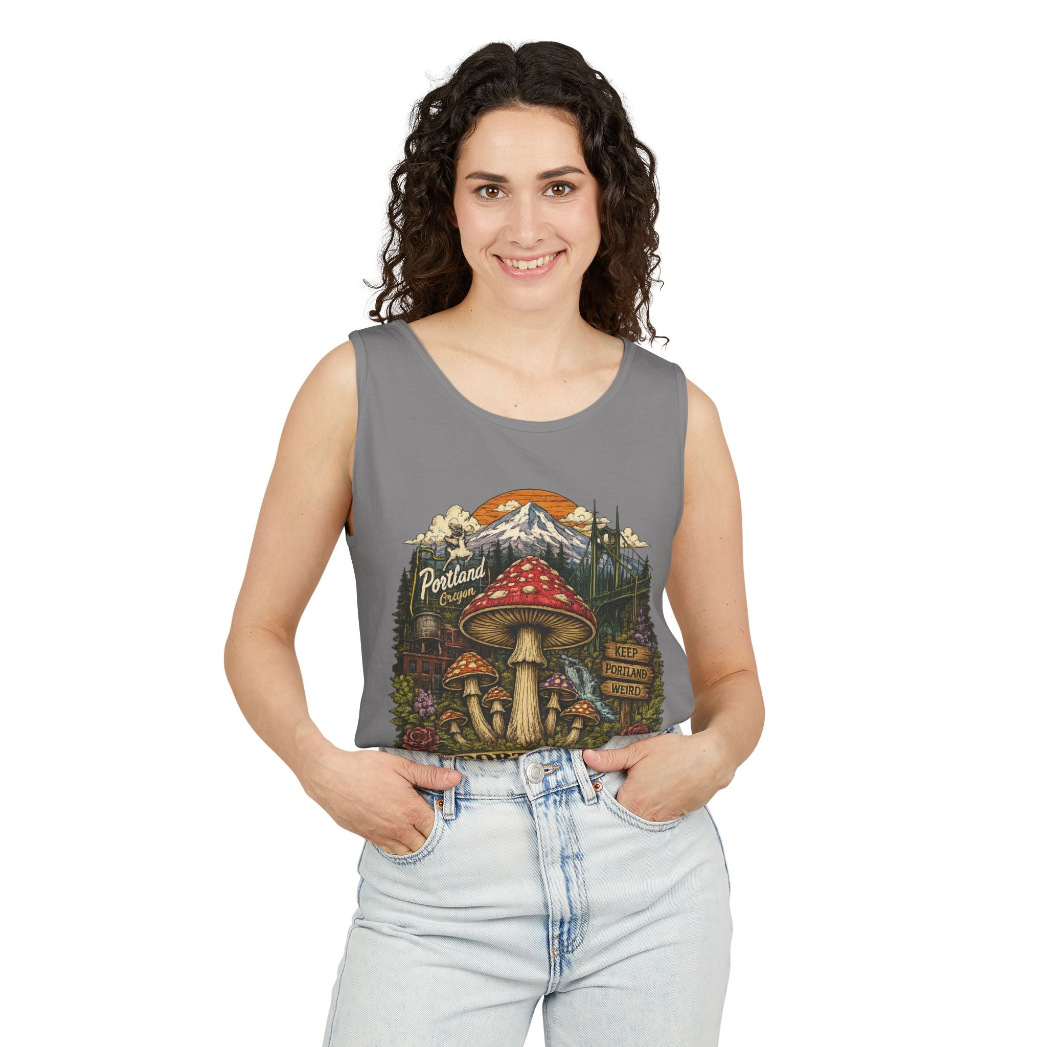 City: Portland Mushroom Tank Top — Vintage Forest Travel Graphic