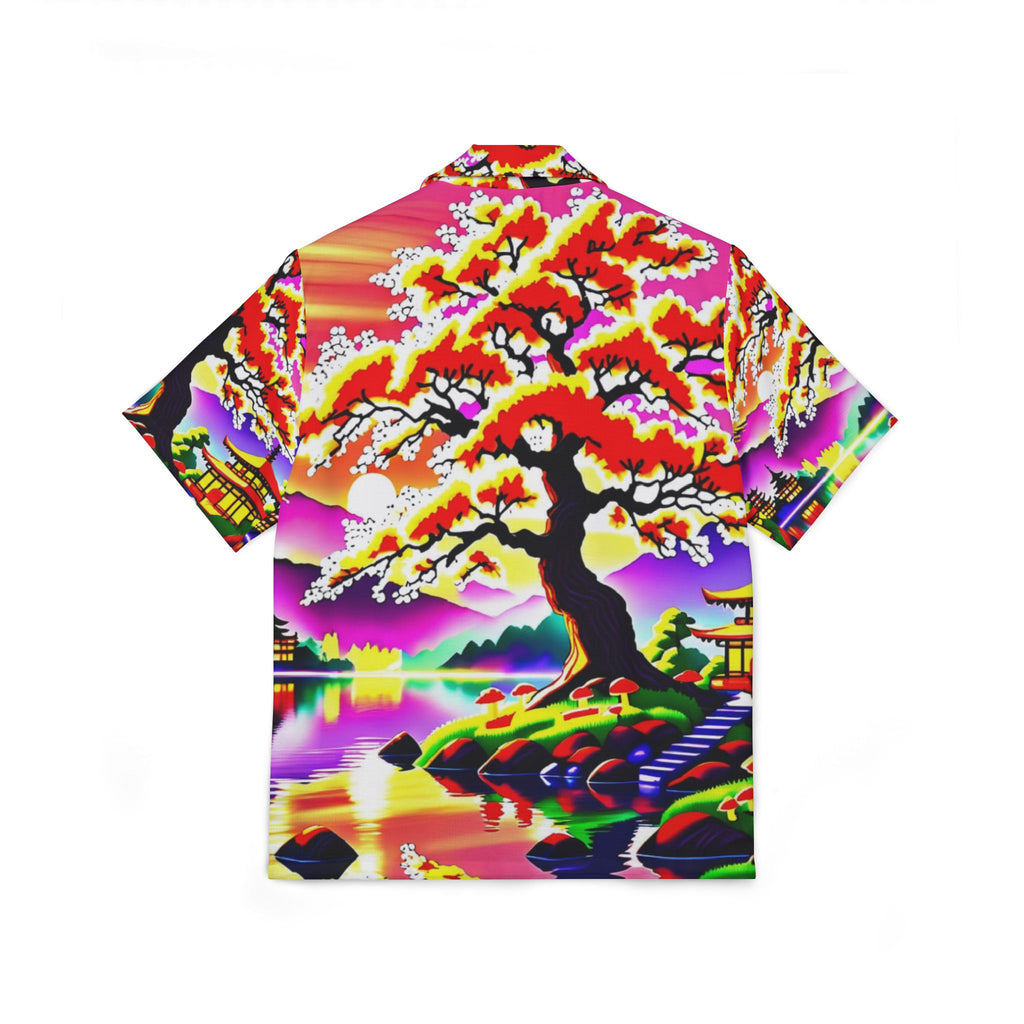 Camisa hawaiana de hombre — Estampado vibrante de neón de cerezos en flor