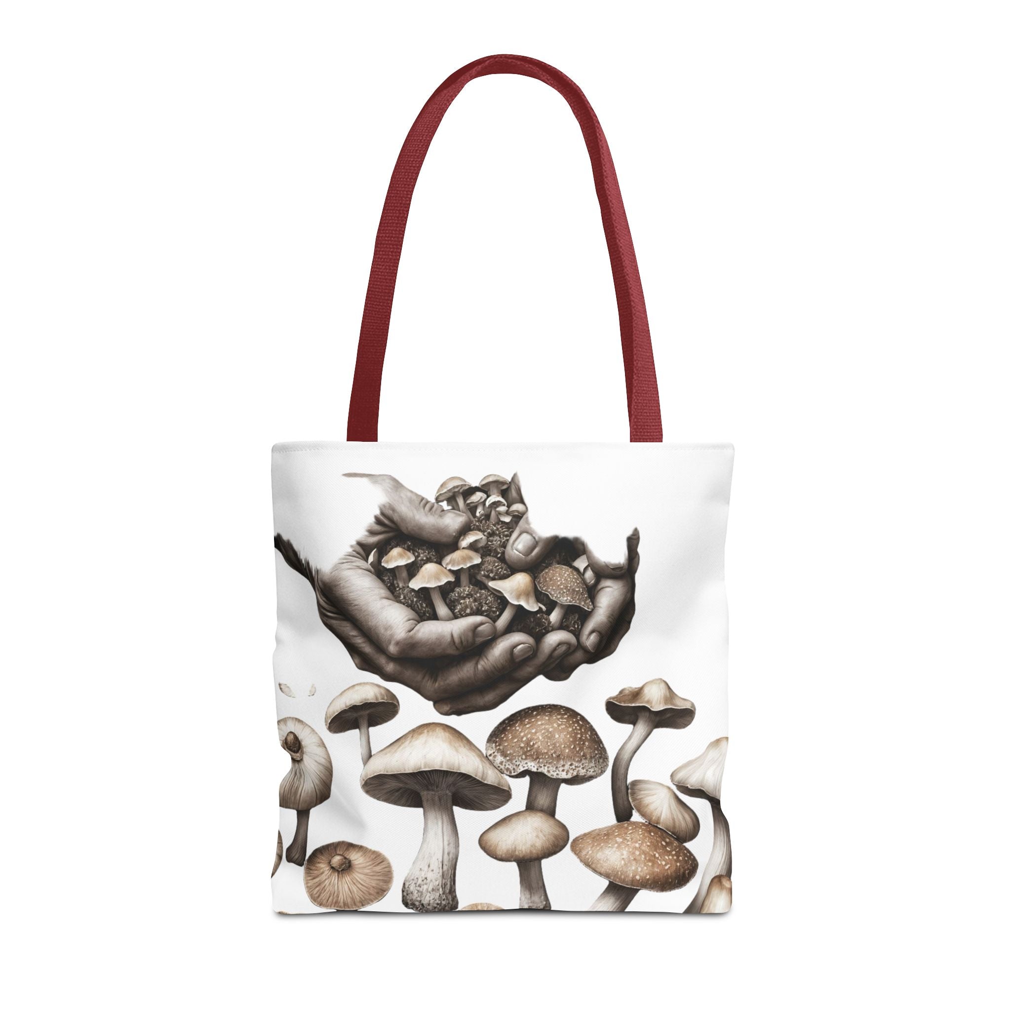 Mushroom Garden Tote Bag — Hand-Held Fungi Illustration All-Over Print