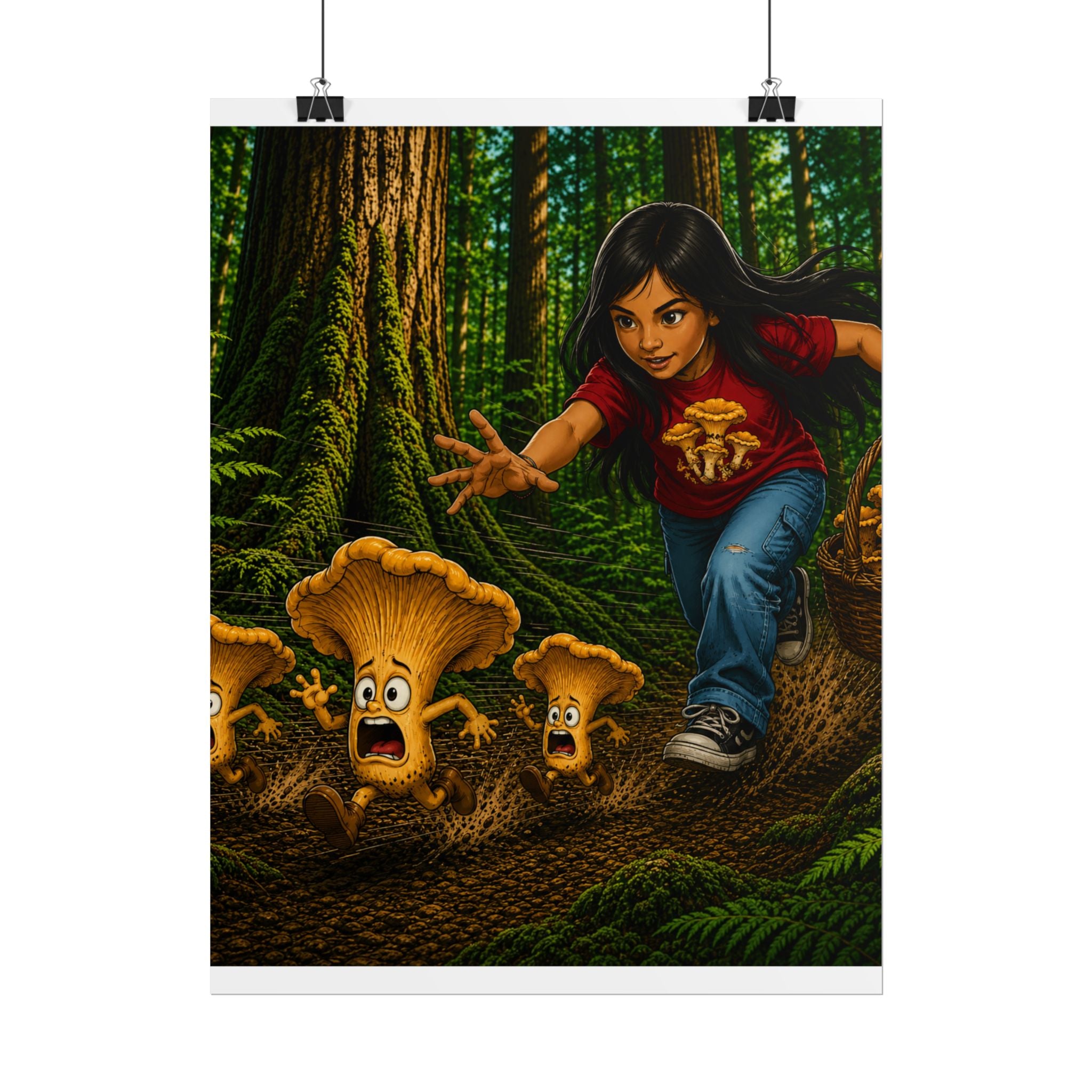 Rolled Poster: Girl Chasing Animated Mushrooms Forest Art Print