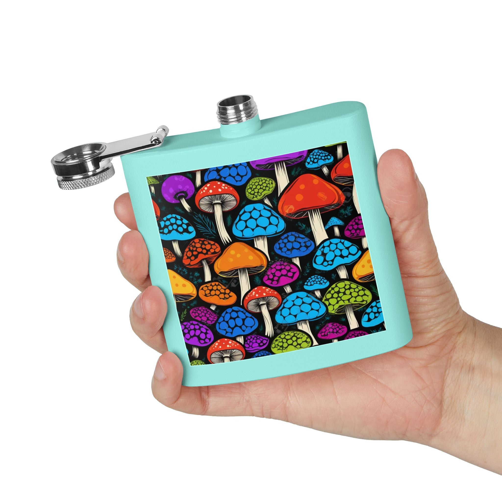 6oz Stainless Steel Flask — Colorful Psychedelic Mushroom Pattern