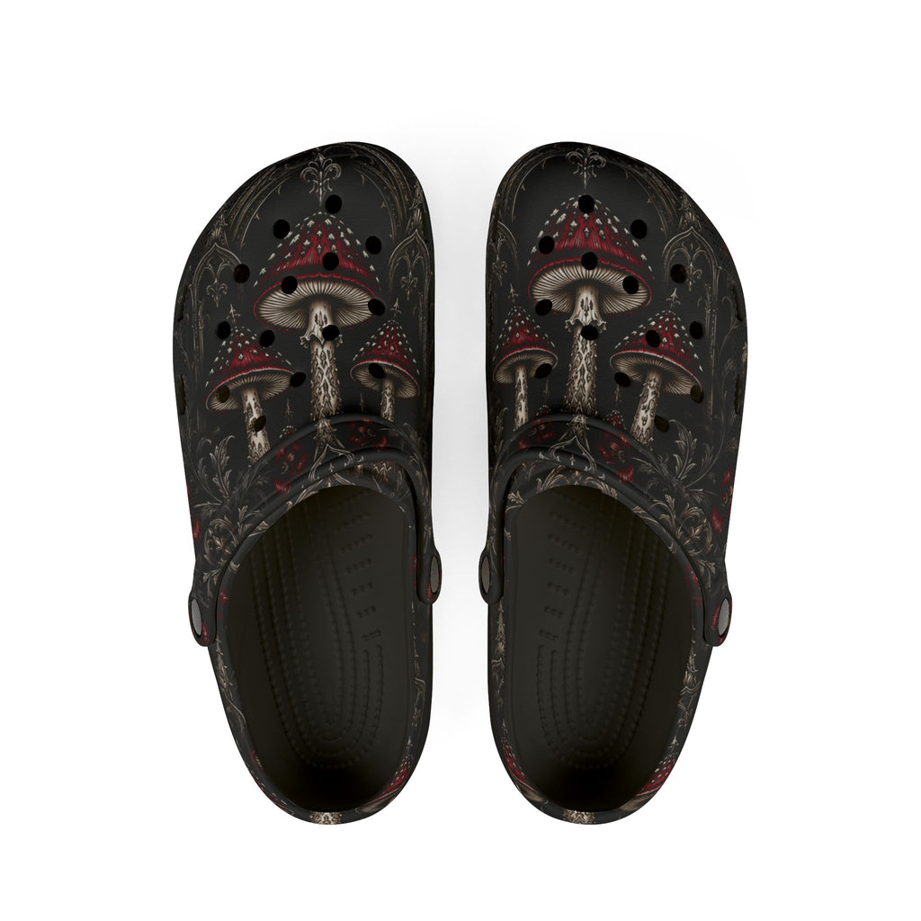 Clogs: Mushroom Garden EVA Foam Clogs — Whimsical Red Toadstool Print