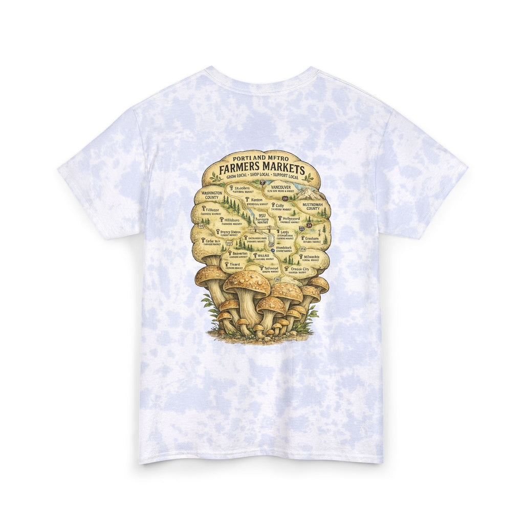 Tie-Dye T-Shirt — Vintage Mushroom Skull Scenic Print (Farmers Market Map)
