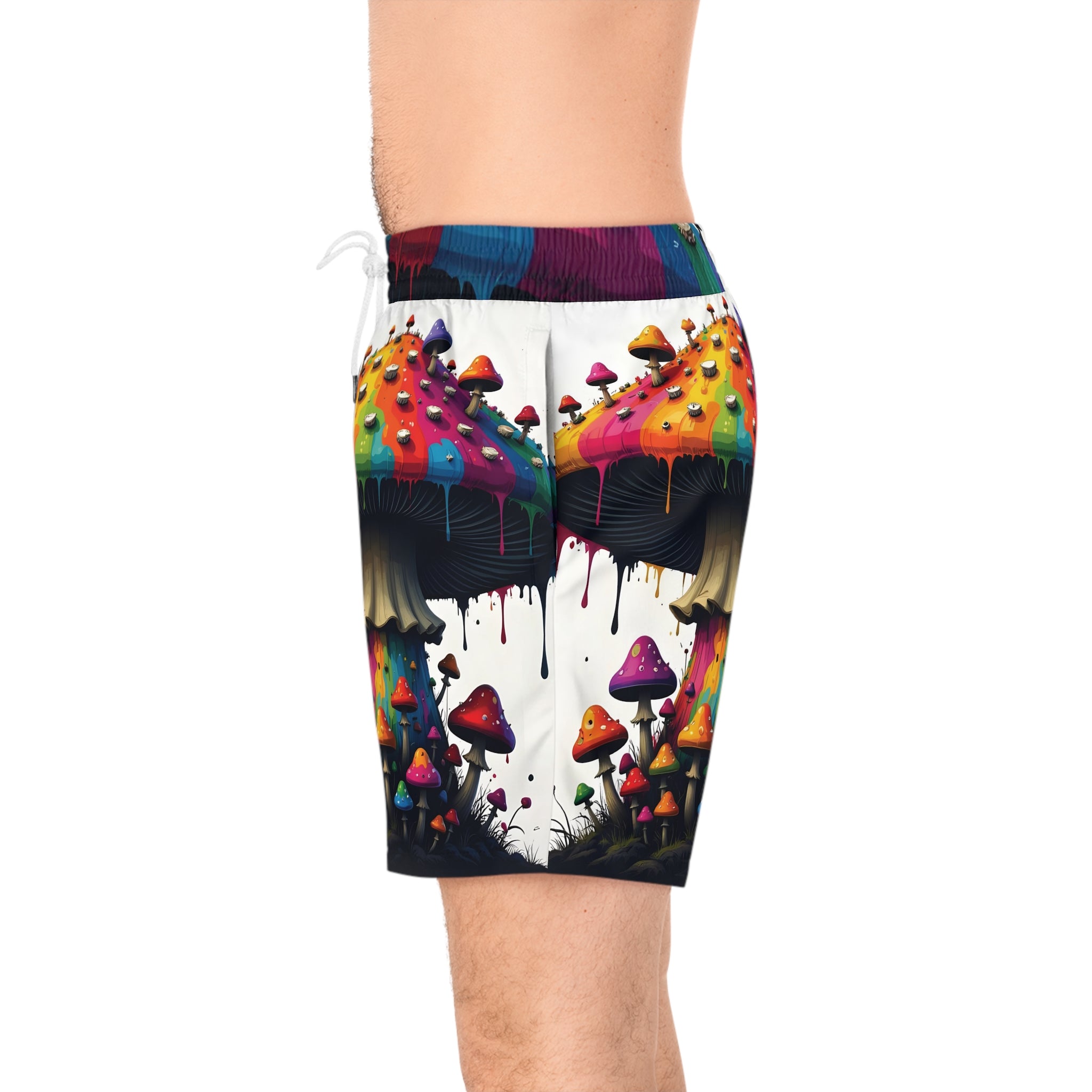 Psychedelic Rainbow Mushroom Swim Shorts — Men's Mid-Length Beach Trunks