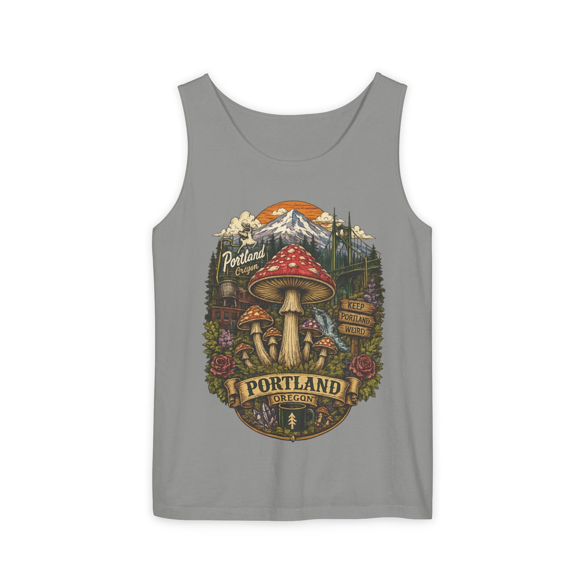 City: Portland Mushroom Tank Top — Vintage Forest Travel Graphic