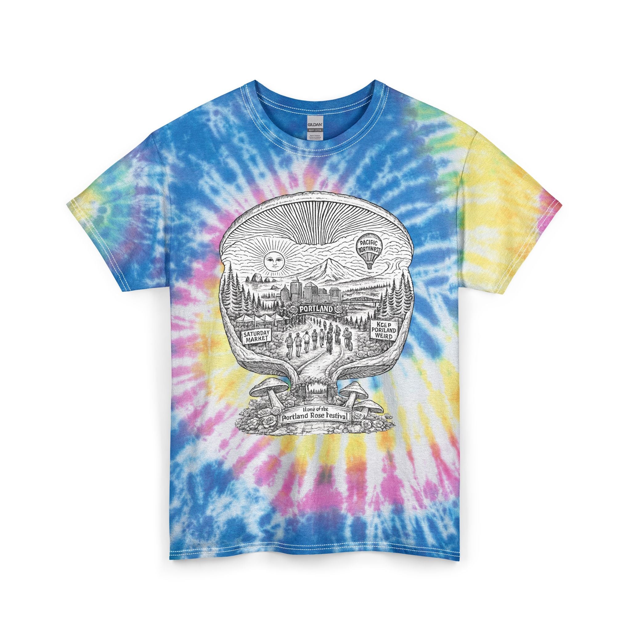Tie-Dye T-Shirt — Vintage Mushroom Skull Scenic Print (Farmers Market Map)