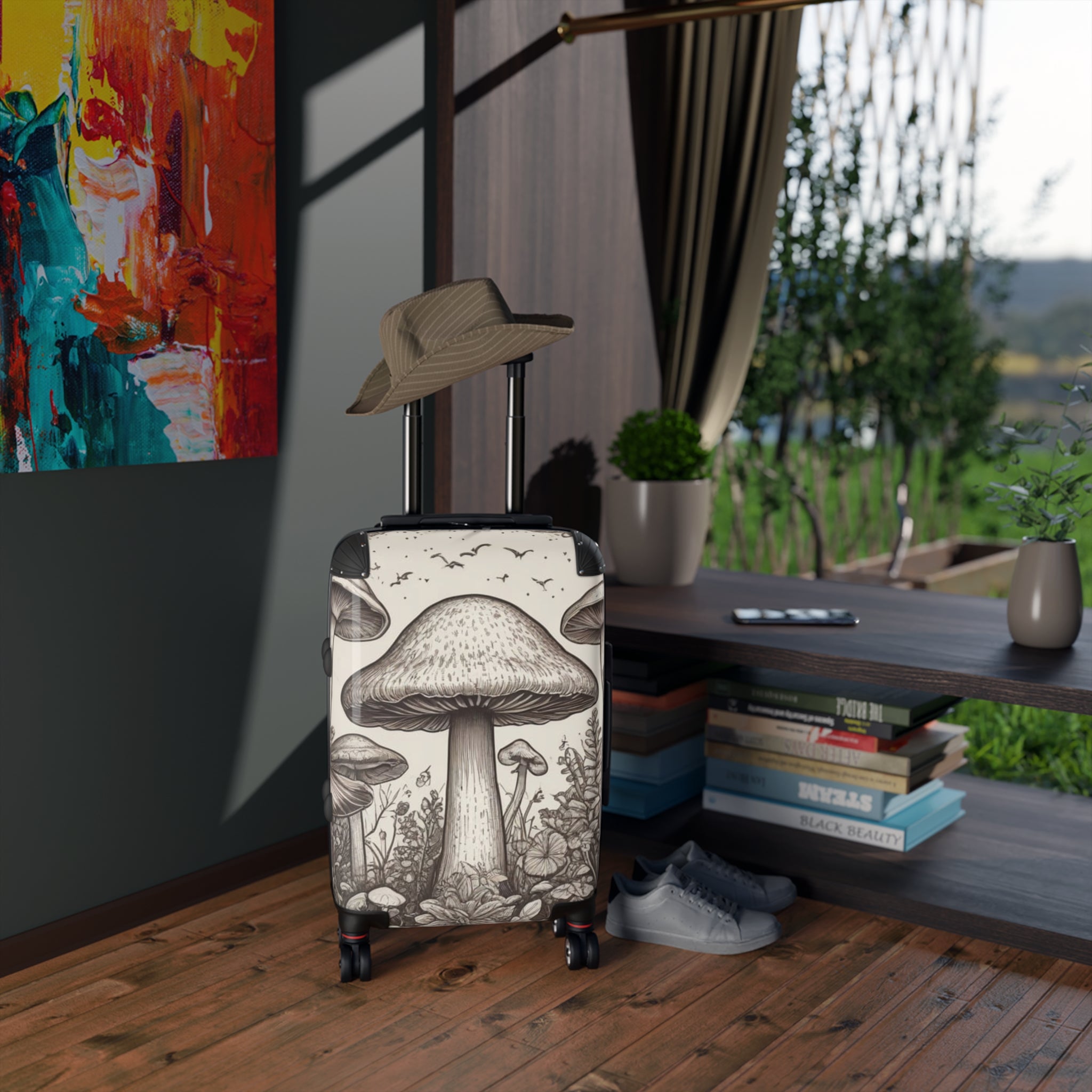 Mushroom Illustration Suitcase – Botanical Fungi Carry-On Luggage