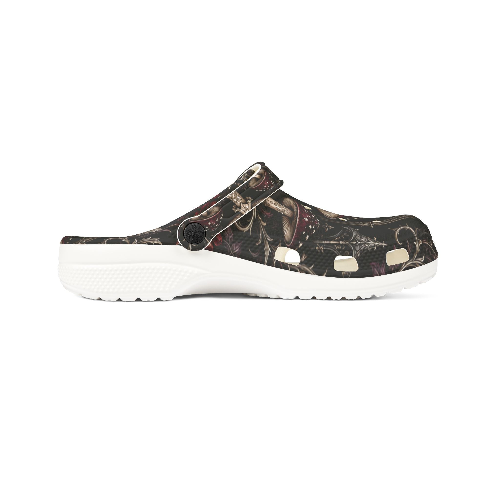 Clogs: Mushroom Garden EVA Foam Clogs — Lightweight Comfort Shoes with Dark Fungi Print