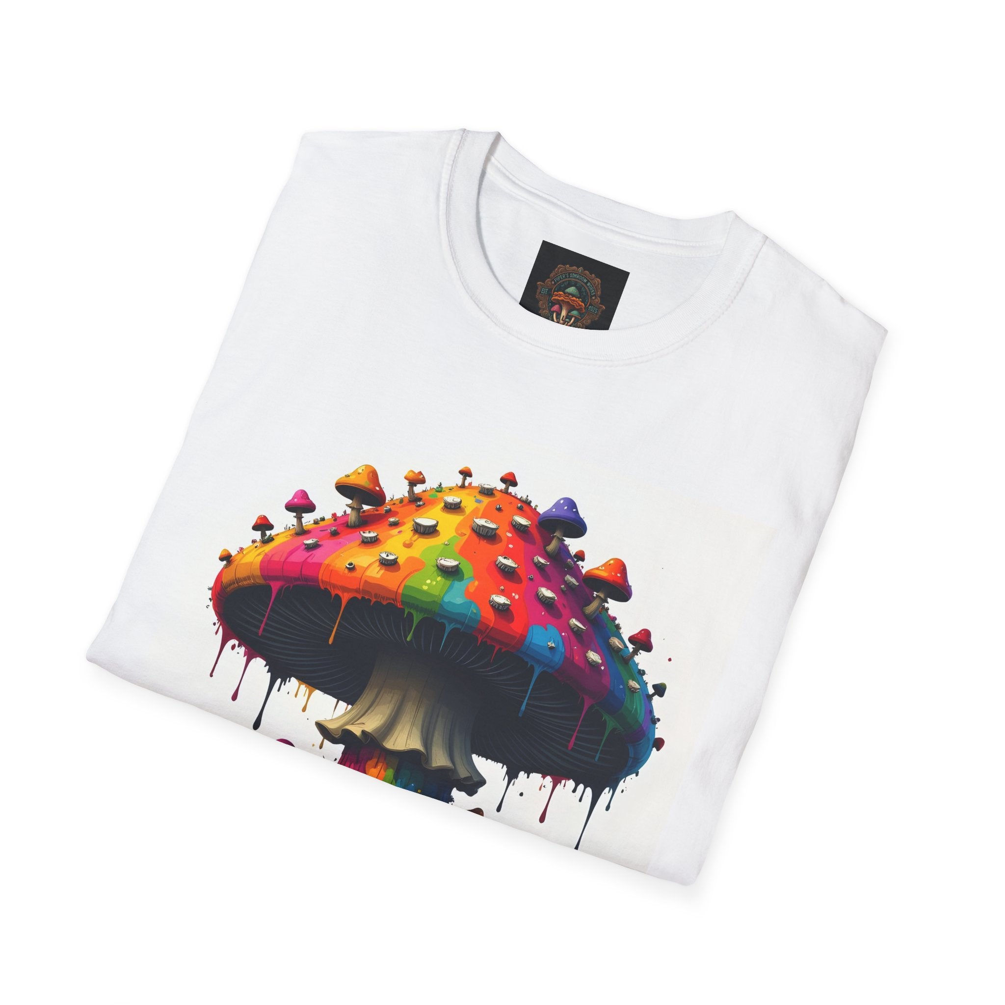 Piper's Shroom Works T-Shirt — Rainbow Drip Mushroom Graphic Tee