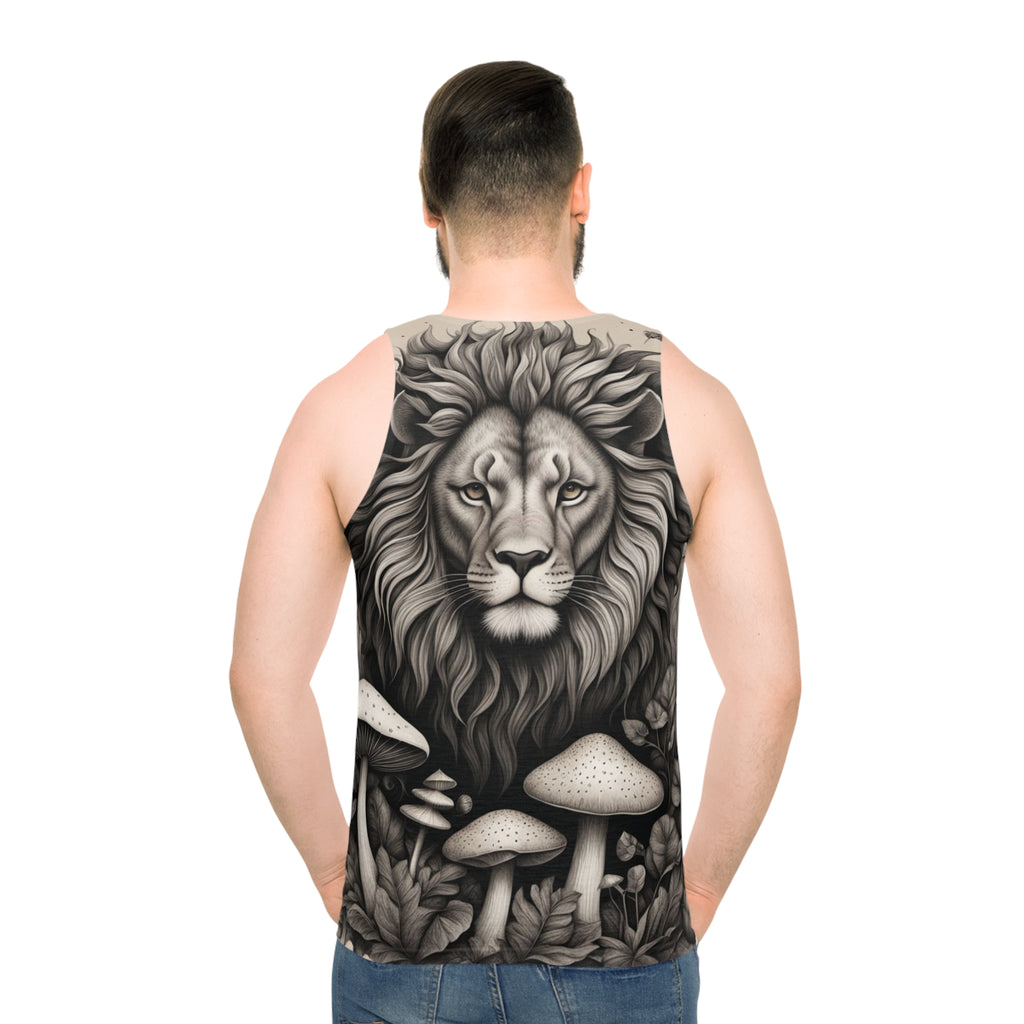 Camiseta sin mangas con estampado integral de león y setas — Vibras de bosque majestuoso monocromático