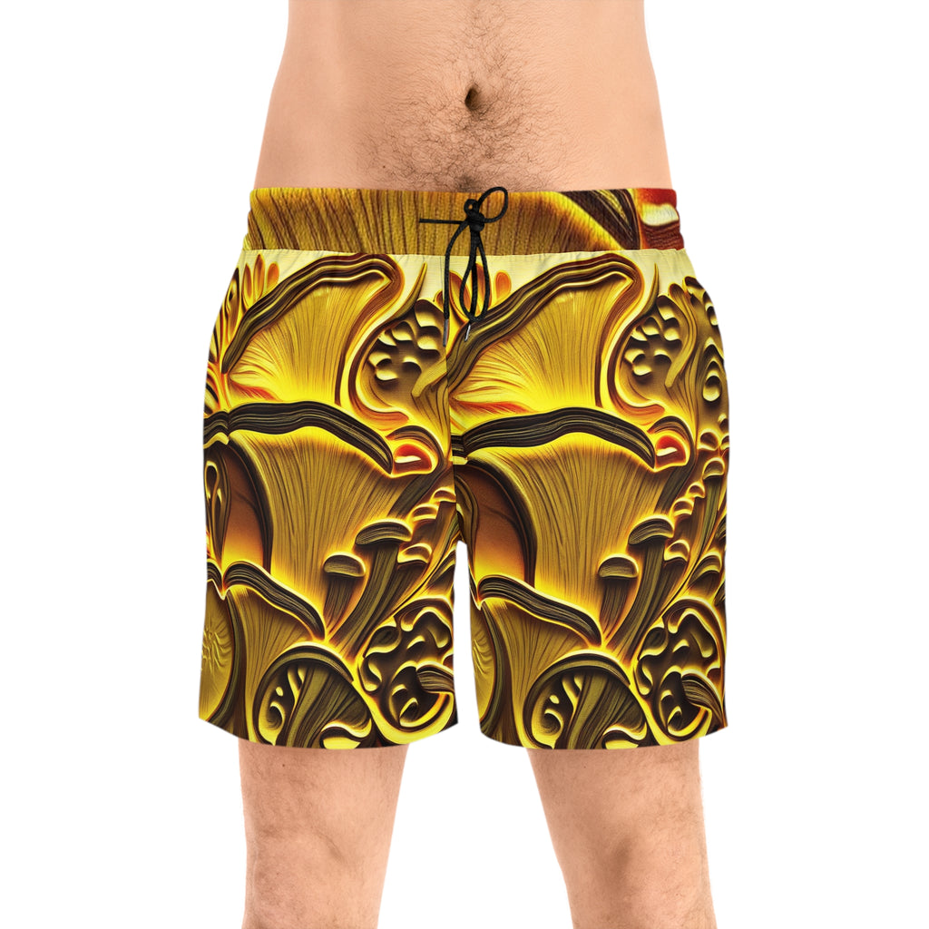 Gold Mushroom Pattern Swim Shorts — Men's Mid-Length Beach Trunks
