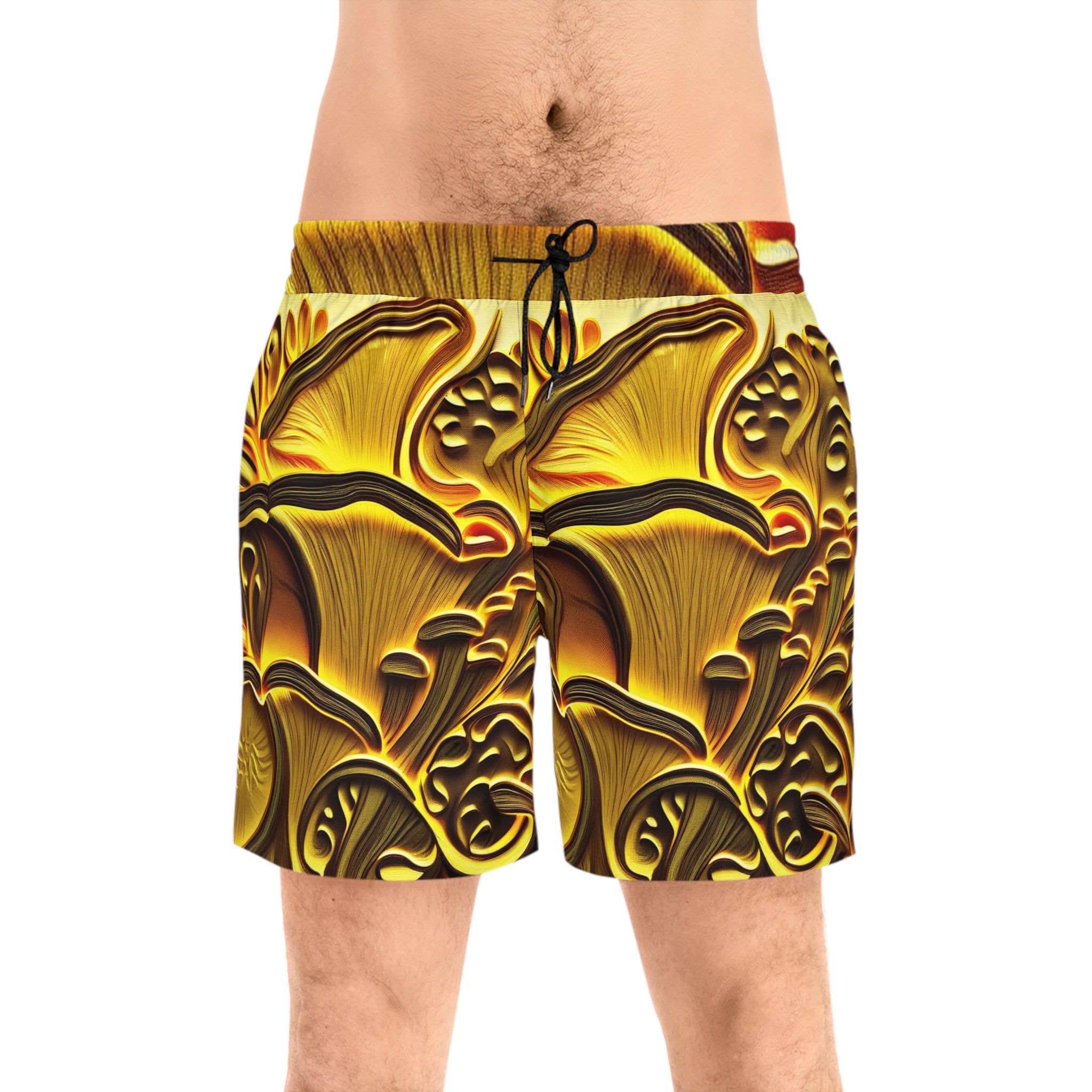 Gold Mushroom Pattern Swim Shorts — Men's Mid-Length Beach Trunks