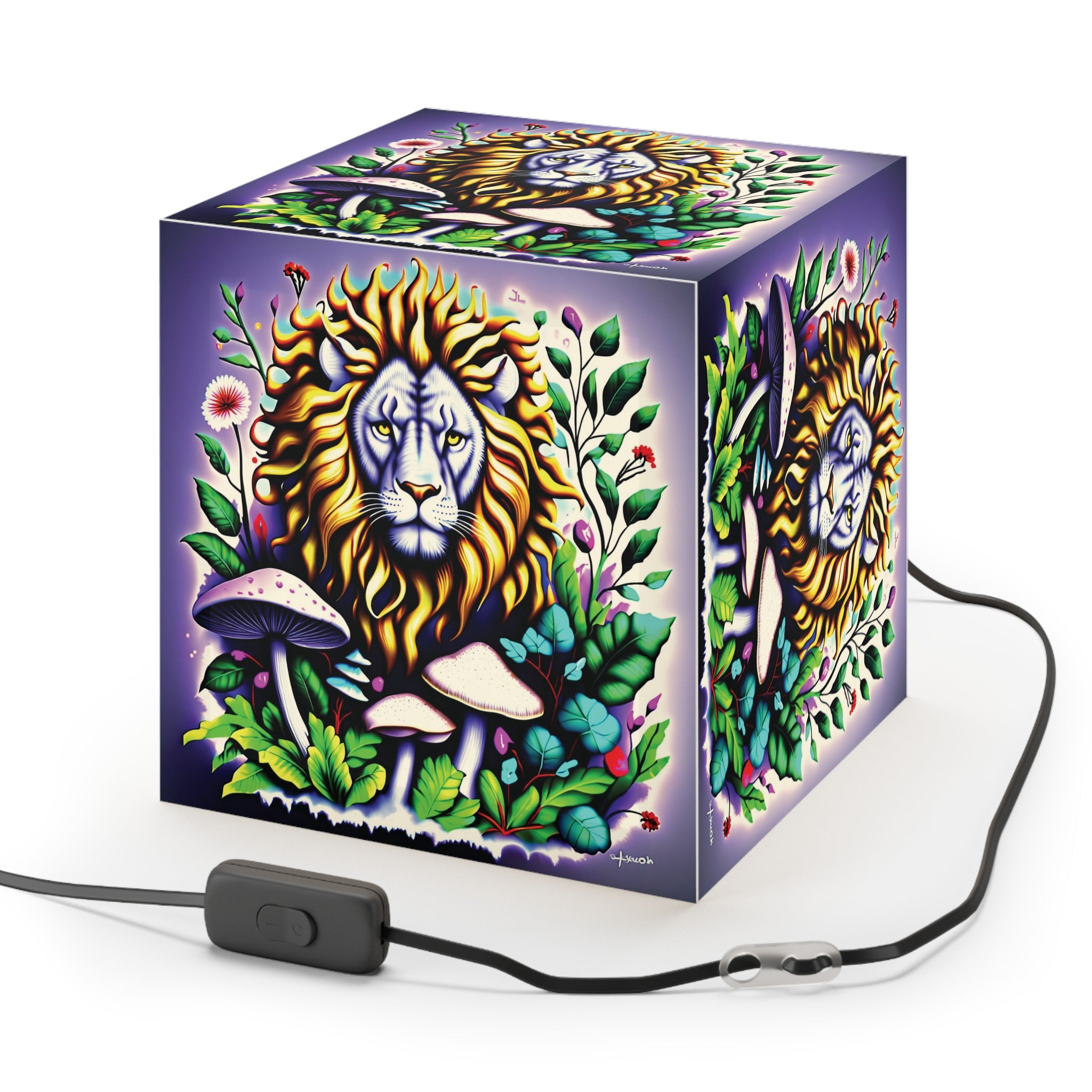 Lion & Mushroom Garden Light Cube Lamp – Botanical Night Light for Home Decor