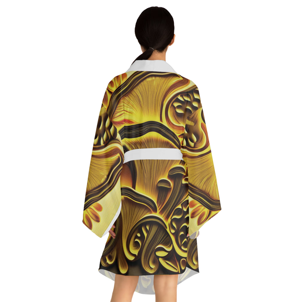 Kimono Robe: Gold Floral Kimono Robe — Decorative All-Over Print Long Sleeve