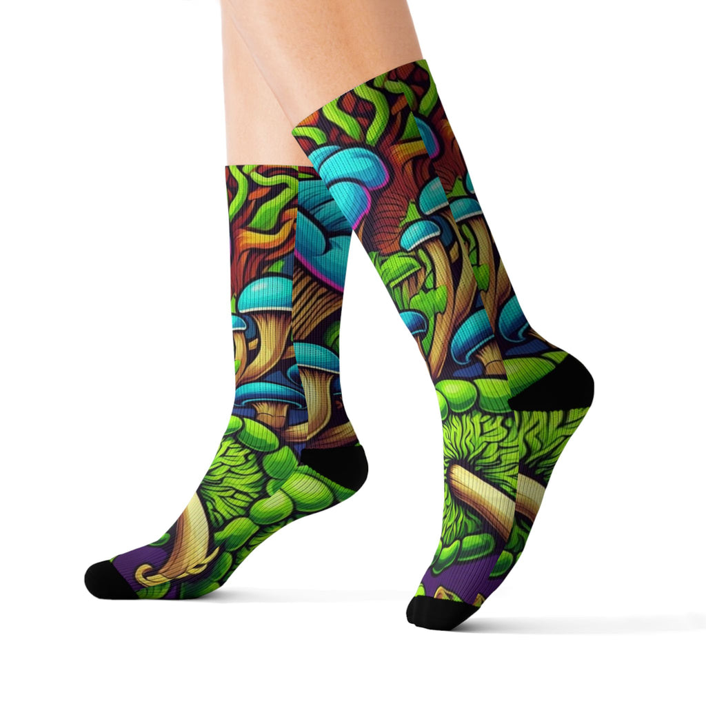 Socks: Psychedelic Mushroom Socks — Vibrant Green Fungi Sublimation Crew Socks